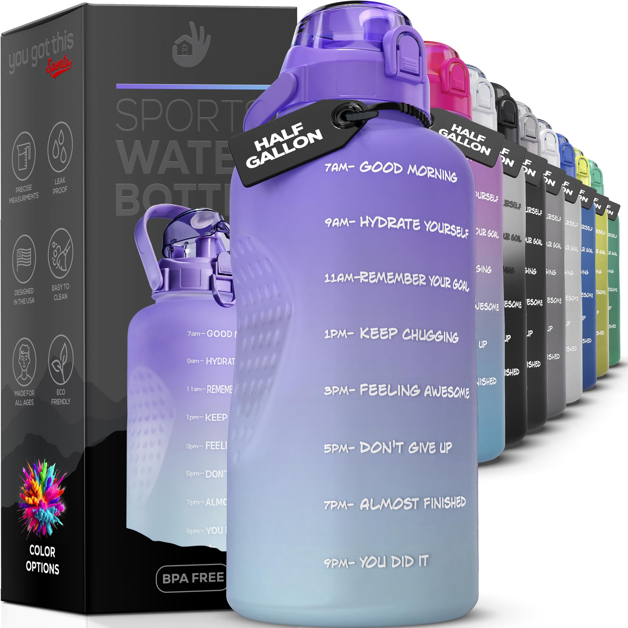 YOU GOT THIS LIVING Motivational Water Bottle with Time Marker,Half Gallon Water bottle with Straw 64 oz/2.2L Gym Water Bottle, Achieve All-Day Hydration SpillProof, BPA FREE