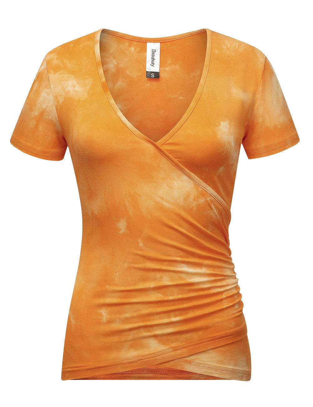 Beauhuty Women Tie Dye Tee Shirts Casual Soft Slim Fit Short Sleeves Deep V Neck Ruched Tops (S, Short-Tie Dyed Orange)