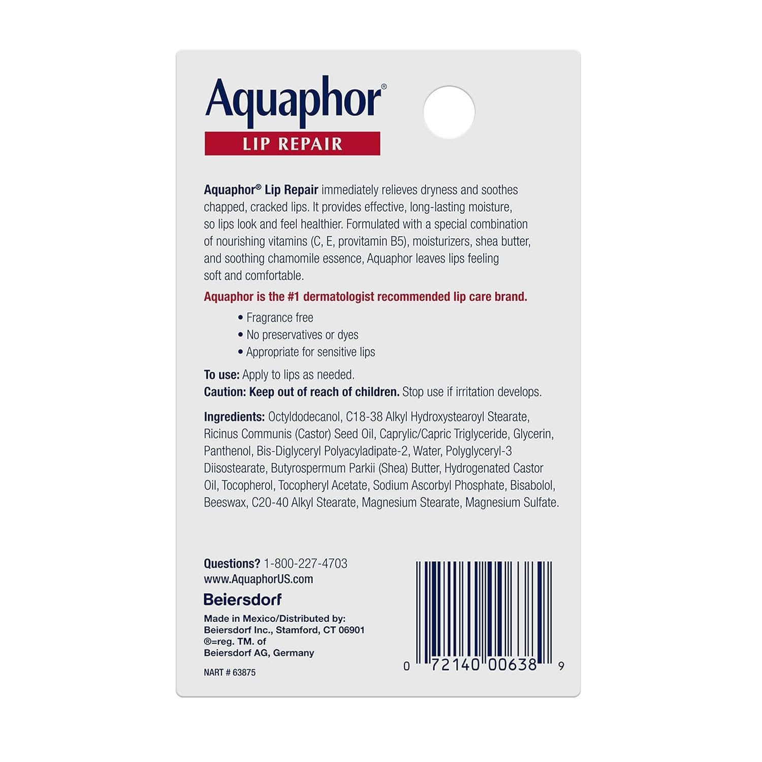 Aquaphor Lip Repair Ointment - Long-lasting Moisture to Soothe Dry Chapped Lips - .35 fl. oz. Tube