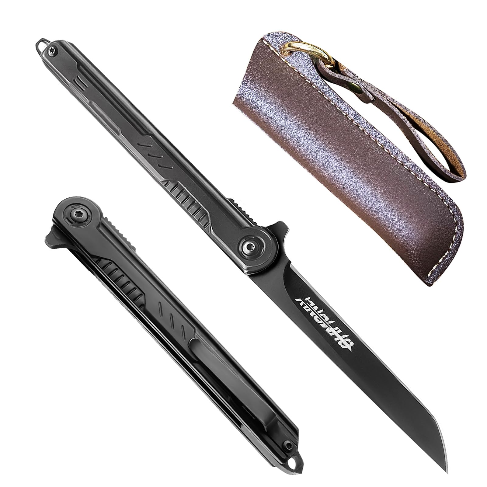 ohmonlyhoo Folding Knife, 3.5 inch Pocket Knife with Clip and Leather Sheath, EDC Knife for Outdoor, Box Cutter and Letter Opener, for Men and Women