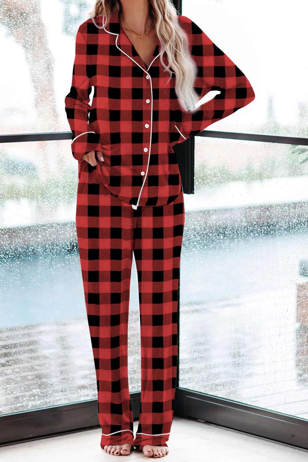 Aamikast Pajama Sets for Women Soft Button Up Christmas Pjs Matching Sets (Plaid Red M)