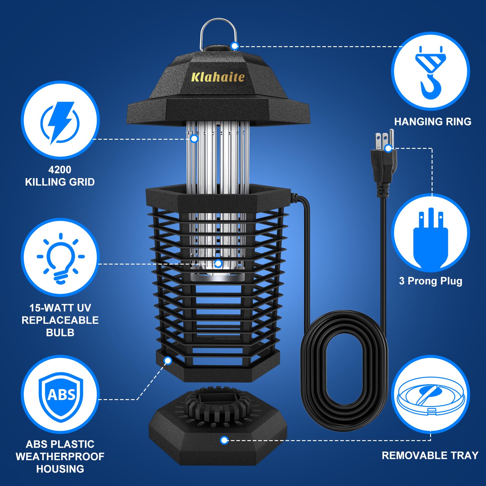 Klahaite Bug Zapper Outdoor Electric, Mosquito Zapper Indoor, Fly Zapper, Fly Trap, Insect Trap for Garden Backyard Patio, Black