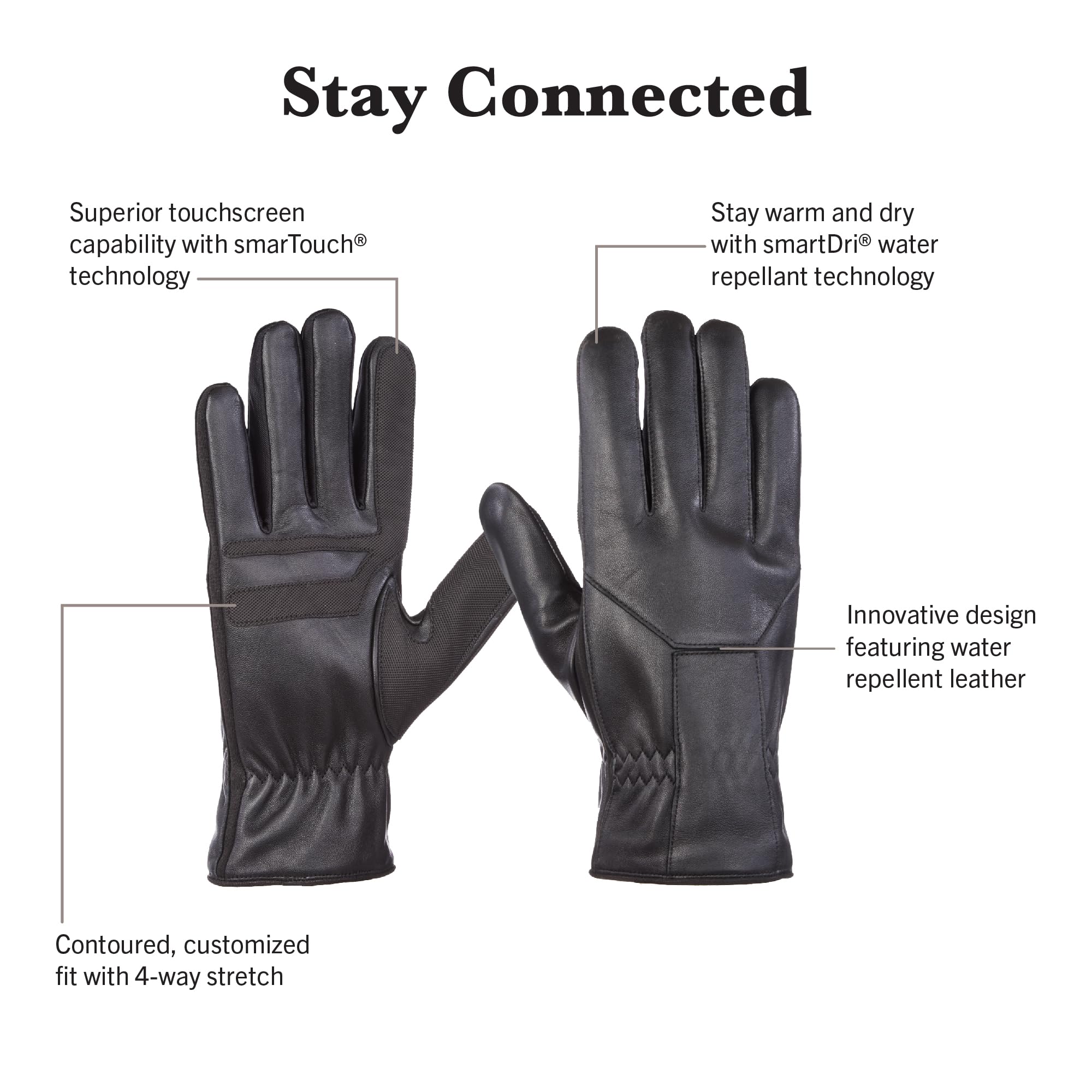 isotoner Water Repellent Leather Gloves for Men – Water Repellent, Touchscreen, Fleece Lining, Stylish & Practical, Black, Medium