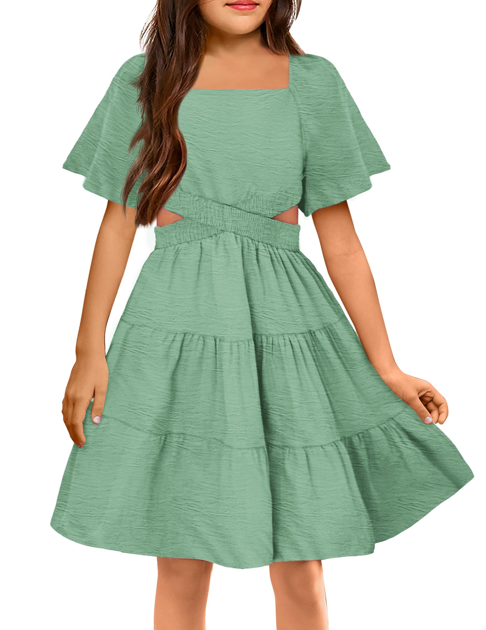 Arshiner Girls Dresses Cut Out Shirred Ruffle Hem Easter Summer First Commuinon Sage Green Dress Size 14