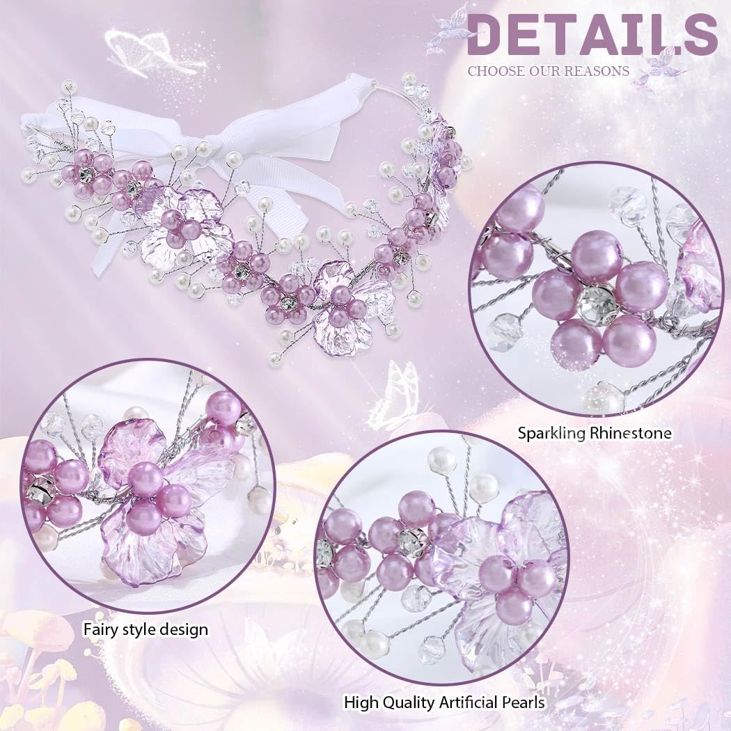 Campsis Fairy Headband Purple Elf Crystal Crown Flower Elven Tiaras V-Shape Bride Hair Accessories Halloween Cosplay Costume Headwear for Women