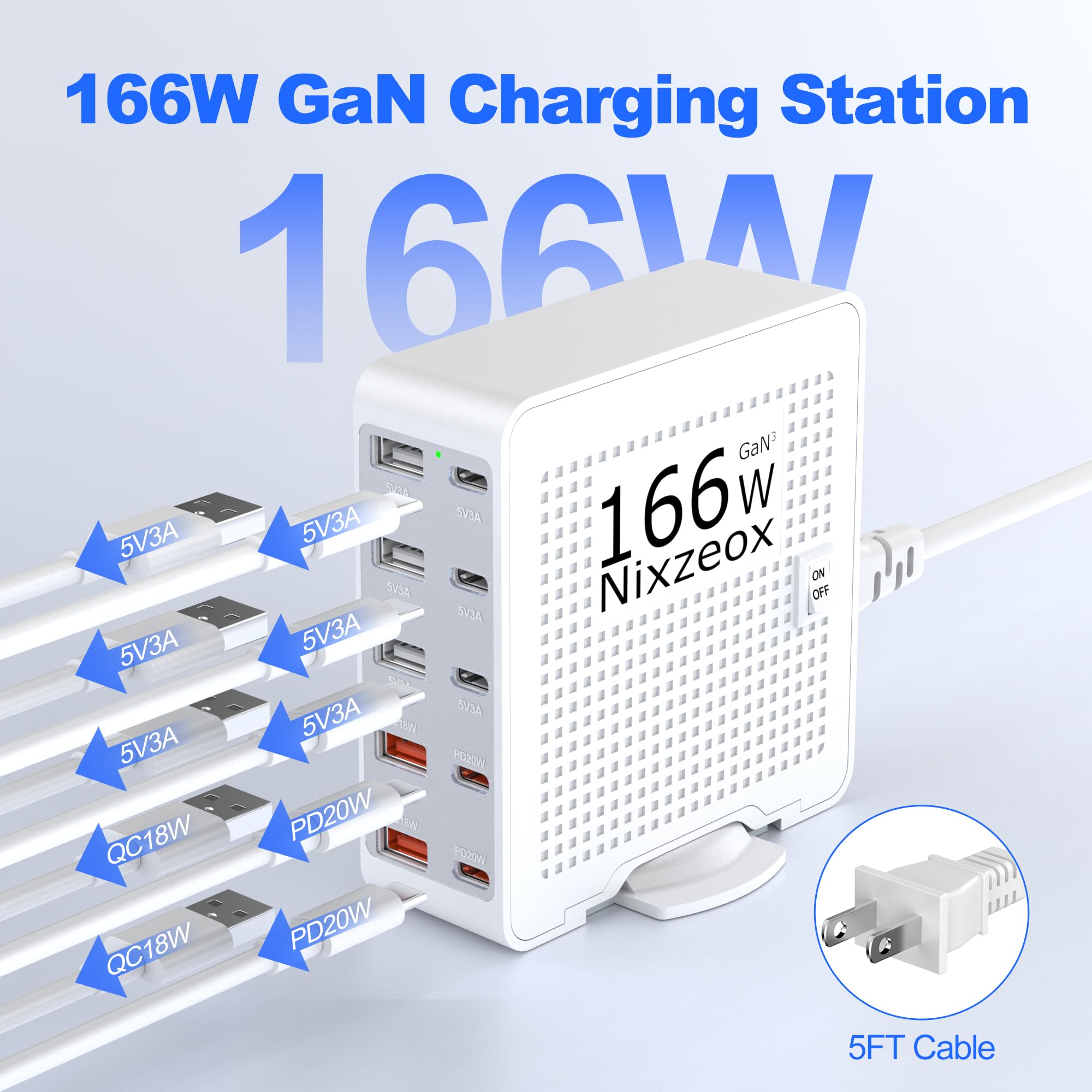 166W GaN 10-Port USB C Charging Station PD20W QC18W Fast Charging Wall Charger for iPhone 15/14/13/12/11 iPad Samsung Pixel 5FT Extension Cord White-Silver