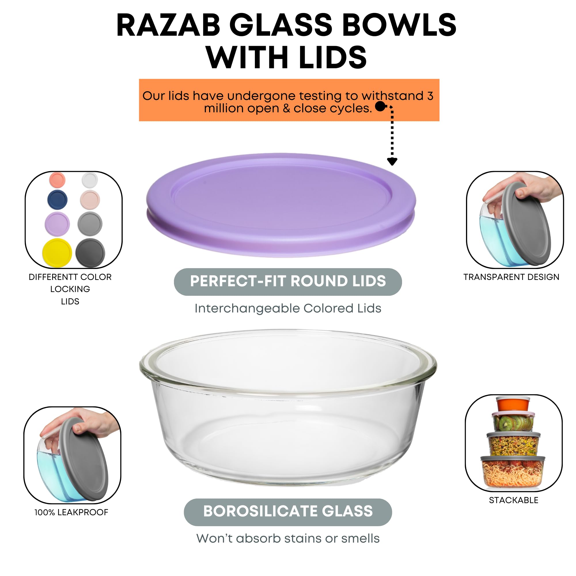 Razab 12 Pc Glass Bowls with Lids - 4 Containers + 8 Lids [56, 32, 16 & 8 Oz] Round Food Storage Containers, Glass Meal Prep Containers for Freezer - Mixing Bowls, Microwave, Dishwasher & Oven Safe