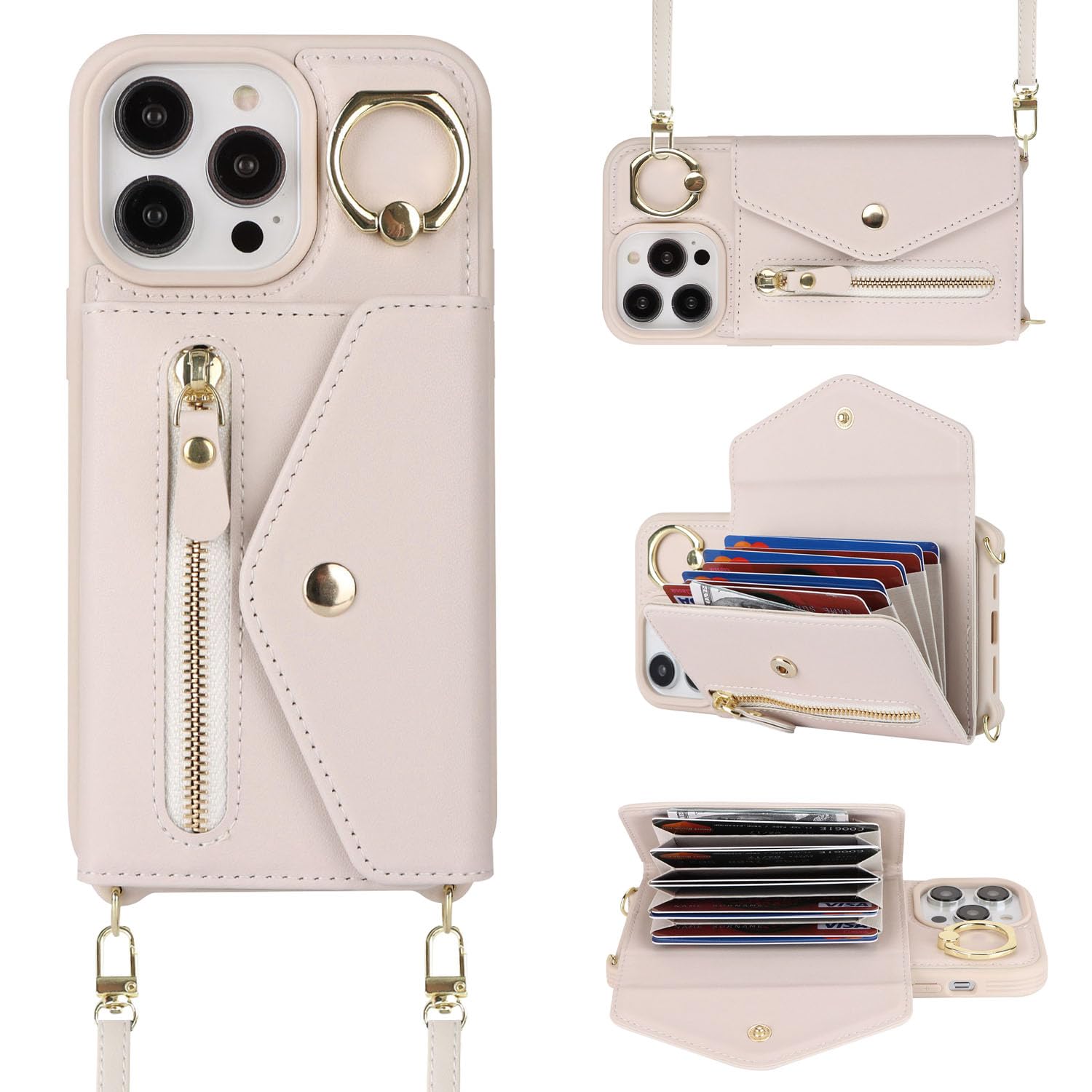 Lipvina for iPhone 11 Pro Max Case Wallet with Strap for Women,Crossbody Lanyard,Zipper Pocket,Credit Card Holder,Stand Ring,Phone Wallet Case for iPhone 11 Pro Max (6.5 inch,Beige)