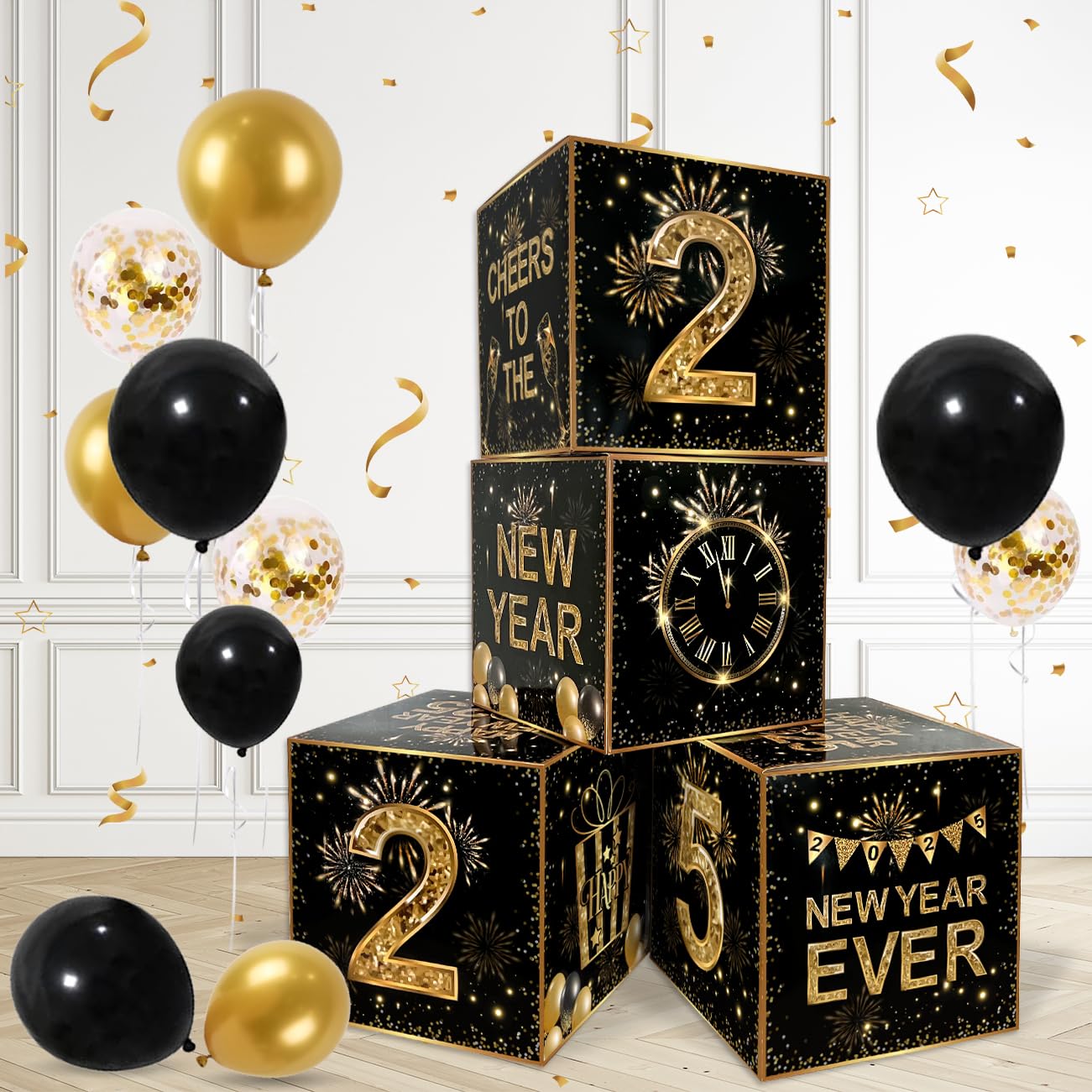 Happy New Year Decorations 2025 New Years Eve Party Supplies Black and Gold Balloon Boxes 2025 Cheers to the New Years Birthday Party Decor Backdrop