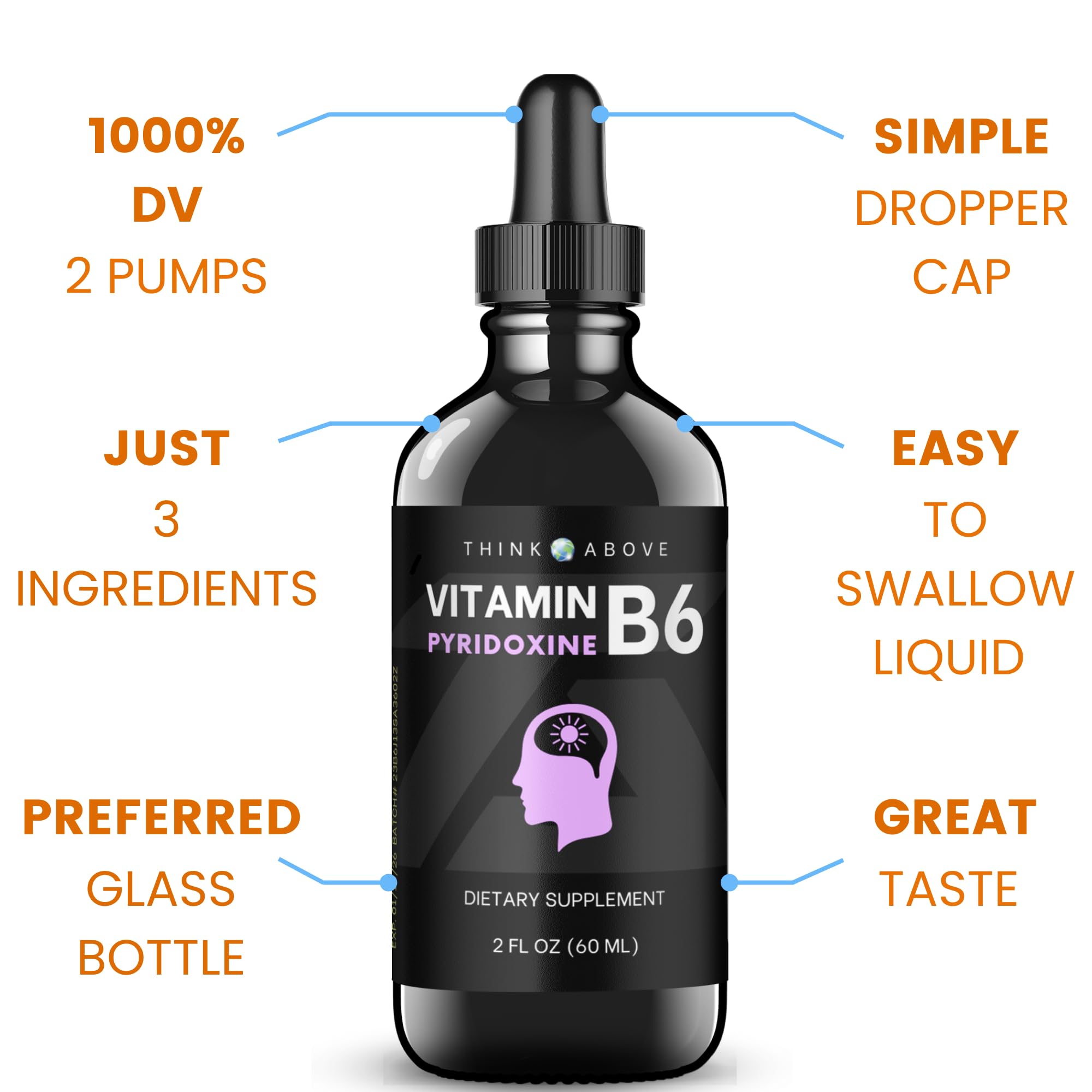 Vitamin B6 Liquid Drops - Pyridoxine hcl - B6 Vitamins Support Brain Function, Immune System, Nervous System and Mood - 17 mg 1000% DV - Gluten and Filler Free - 30 Day Supply - (2 oz) For Adults