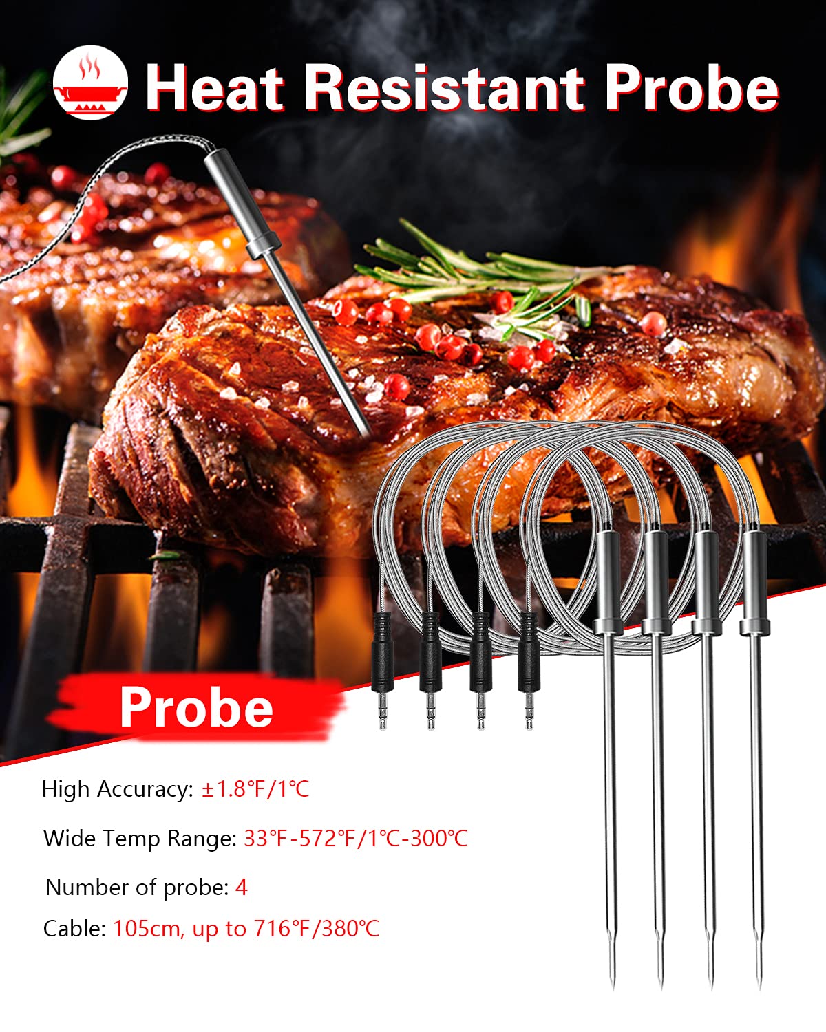 BFOUR Wireless Grill Thermometer, Bluetooth Meat Thermometer, Digital BBQ Meat Thermometer for Grilling Smoker Oven, Smart APP Alarm Monitor Instant Read with 4 Stainless Steel Probes