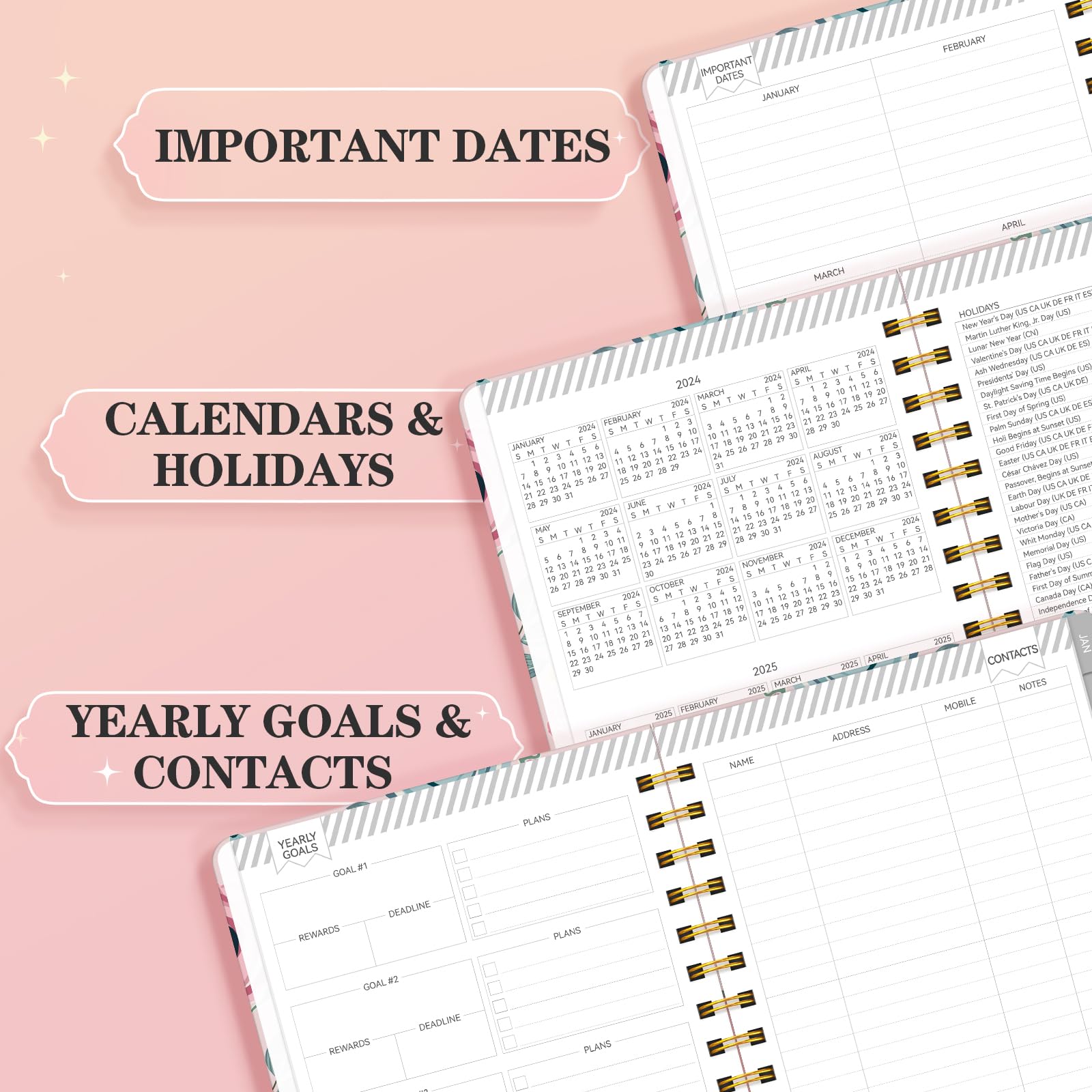 GETINK 2024 Planner Daily Weekly and Monthly for Women, Jan.2024 - Dec.2024, Hardcover Agenda 2024 Calendar Planner Book with Monthly Tab, Spiral Bound, Inner Pocket,7.5”×10” Floral Blue