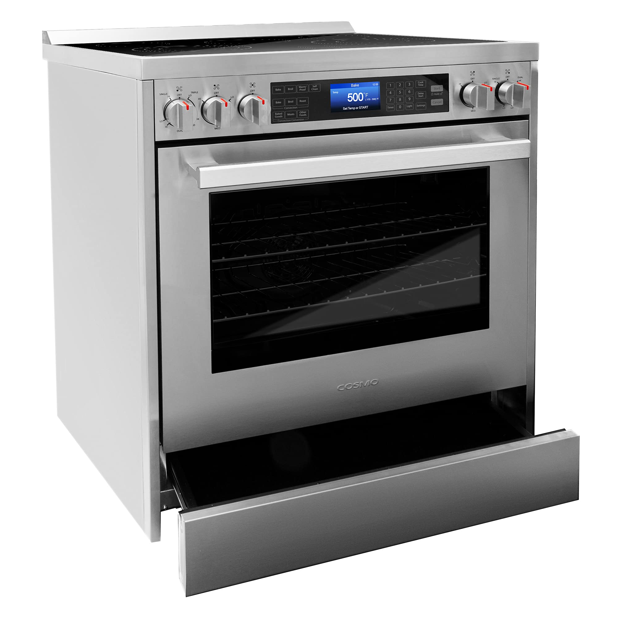 COSMO COS-305AERC 30 in. Vista Collection 5 cu. ft. Electric Ceramic Glass Range, 5 Burner Elements, Convection Oven, Stainless Steel