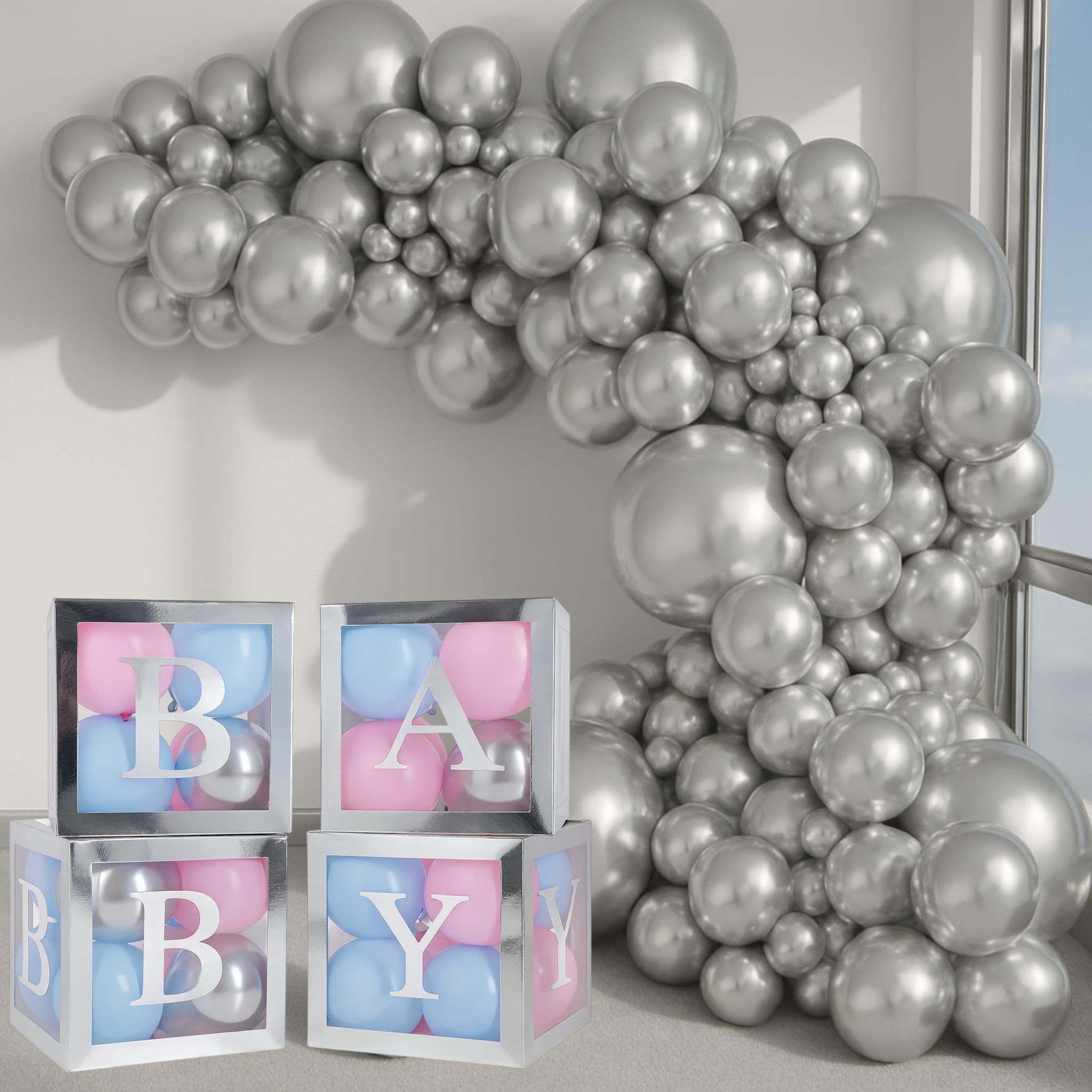 Balloon Garland Arch Kit – 146 Pcs Metallic Silver Balloons & Baby Shower Boxes with Letters – Pink And Blue Boxes with Pink & Blue Balloons