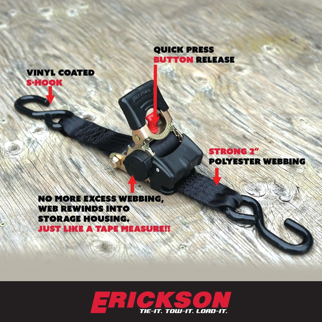 Erickson 34416 Pro Series Black 2" x 10' Retractable Ratcheting Tie-Down Strap