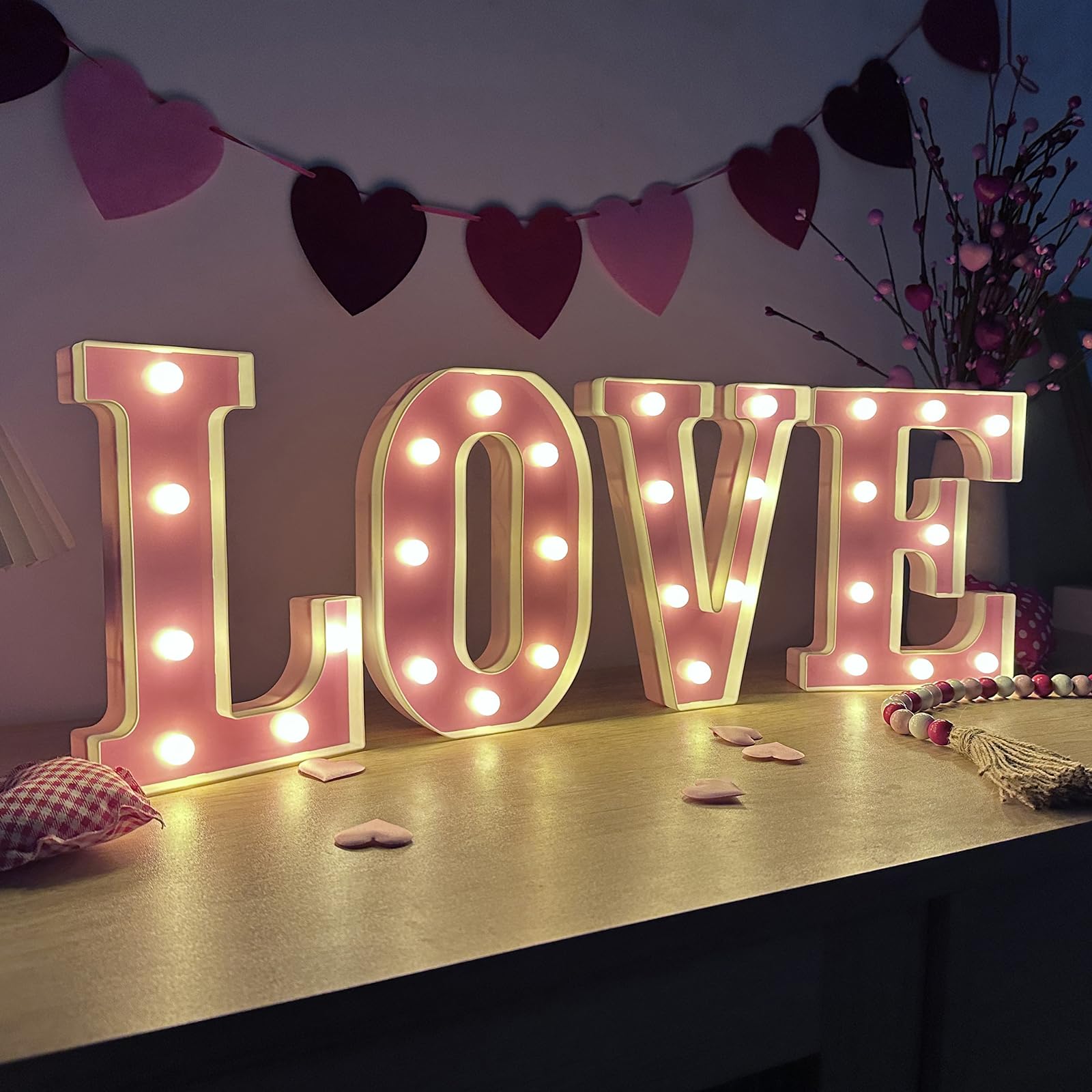 Valentines Day Decorations -4 LED Marquee Light Up Letters "LOVE" for Home Valentines Shelf Mantel Fireplace Tabletop Wedding Party Decorations