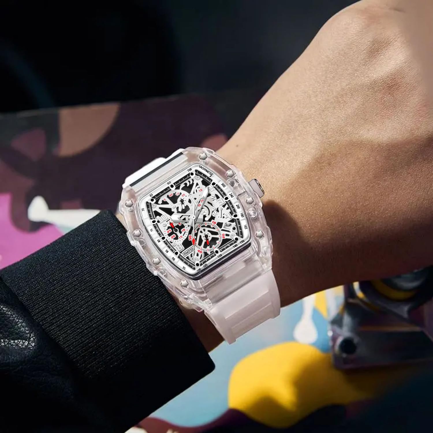 BESTKANG Fashion Hollowed Men Watches Transparent Tonneau Analog Display Quartz Date Waterproof Male Wrist Watch (White)