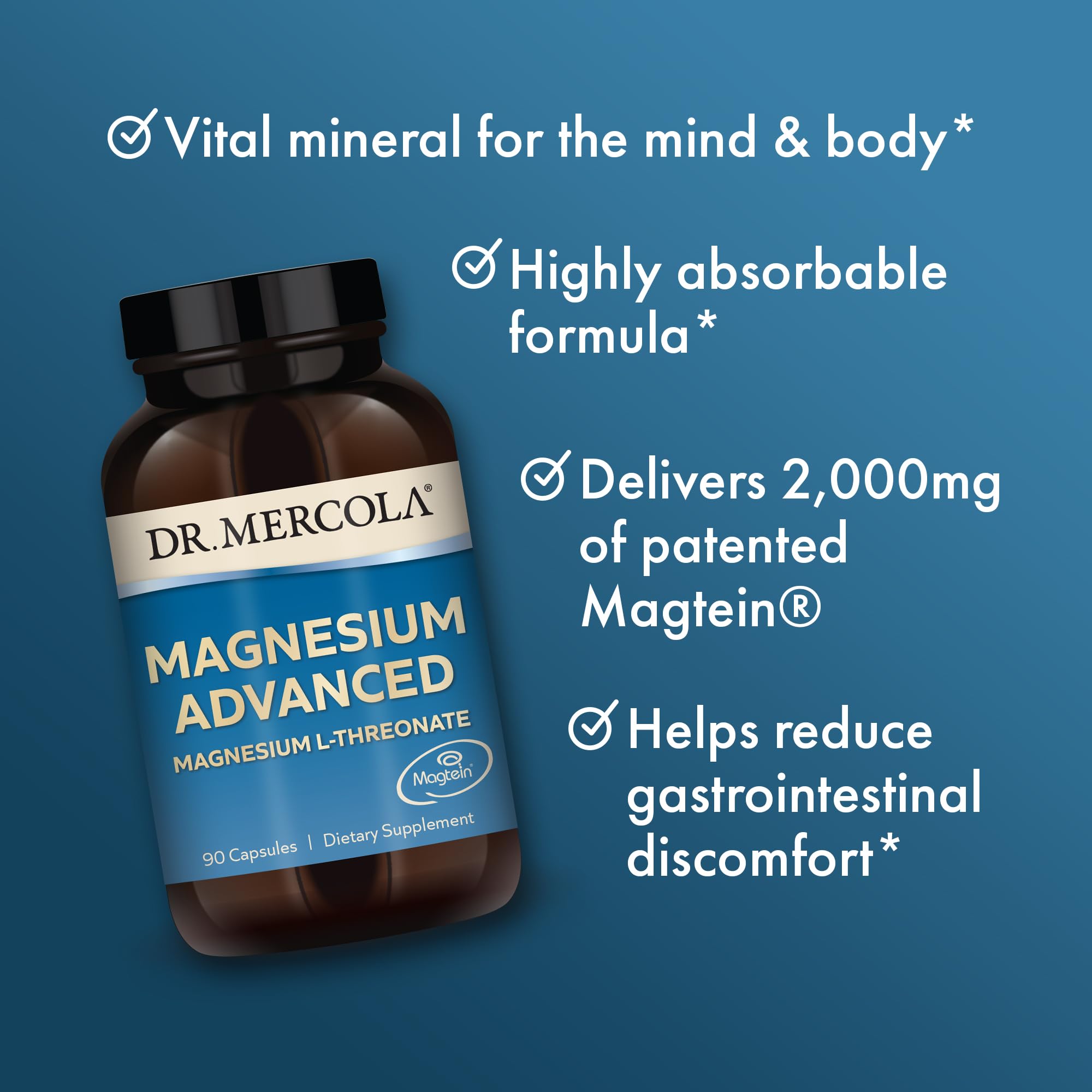 Dr. Mercola Magnesium Advanced, 30 Servings (90 Capsules), Dietary Supplement, Magnesium L-Threonate, Non-GMO