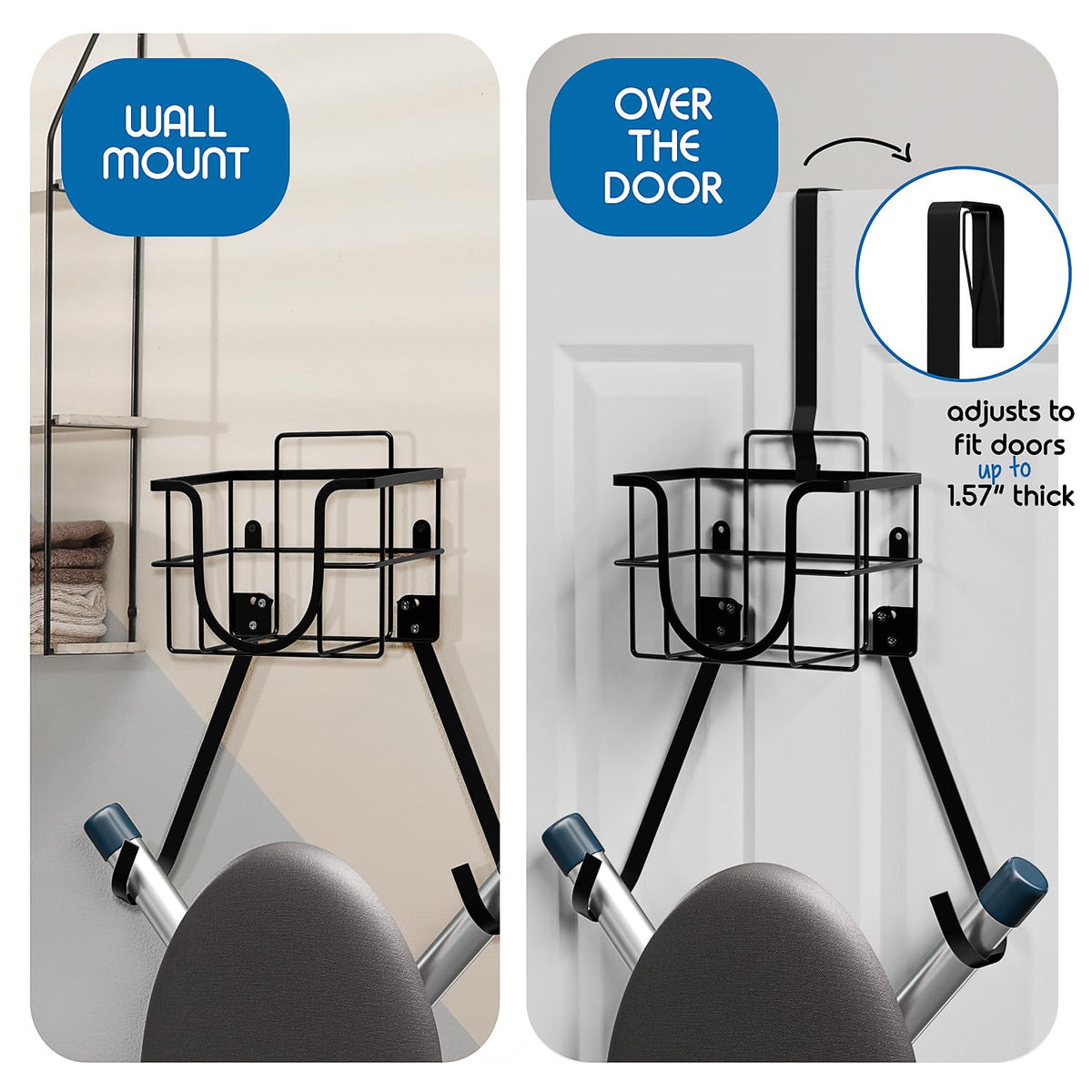 Set of 3 Ironing Board Holder Wall Mount & Over The Door Hanger, Laundry Room Ironing Board & Iron Hanger, Storage Caddy Iron Holder T&V Shaped Ironing Board Cover and Pad Set Full Size Iron Holder