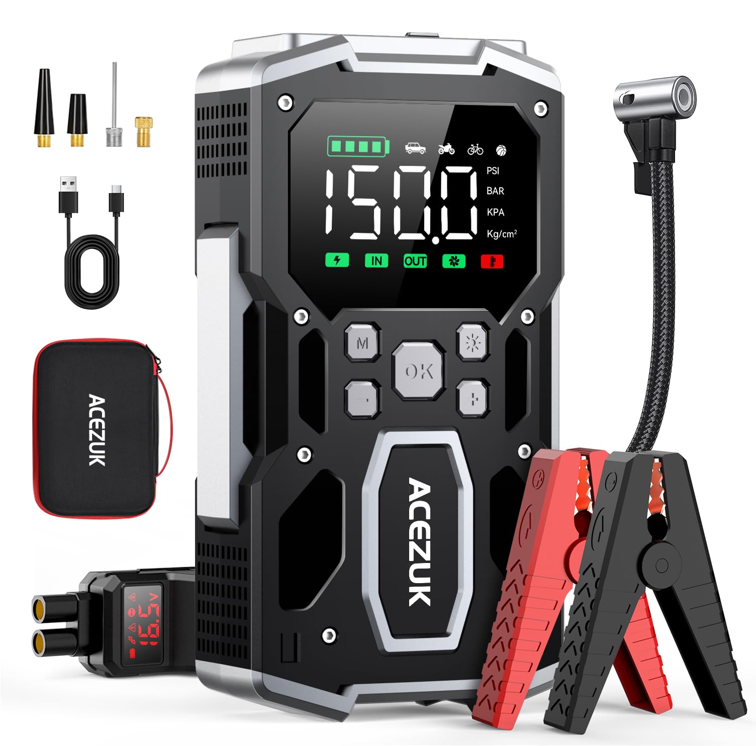 Portable Car Jump Starter with Air Compressor, ACEZUK 150PSI 5000A Jump Starter (All Gas/10.0L Diesel), 12V Car Battery Jump Box Car Battery Jumper Starter with 3.4" LCD Display, 2 Lights