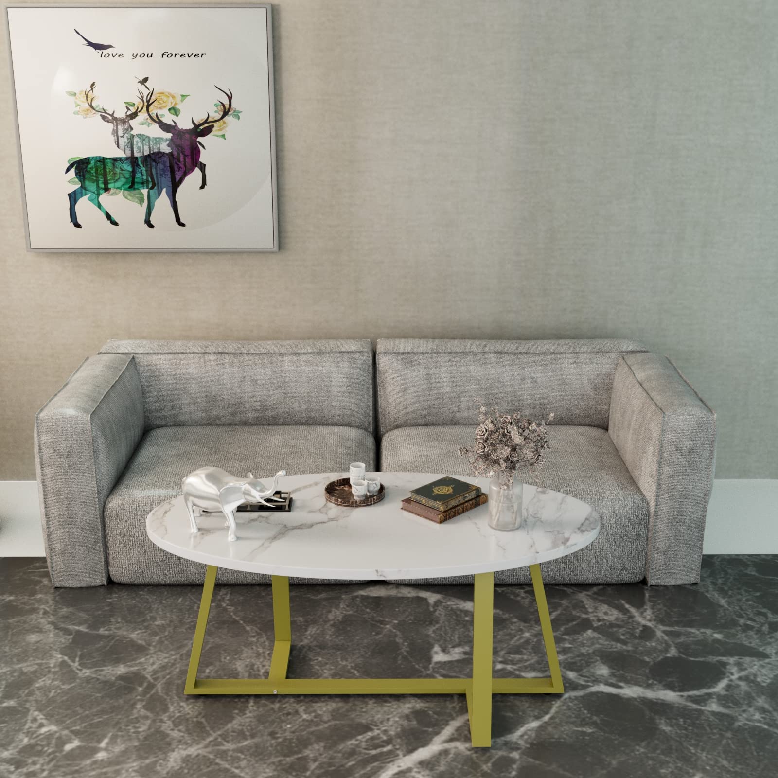 Wolawu Oval Faux Marble Coffee Table - Modern Gold Elliptic Side End Table for Living Room and Kitchen
