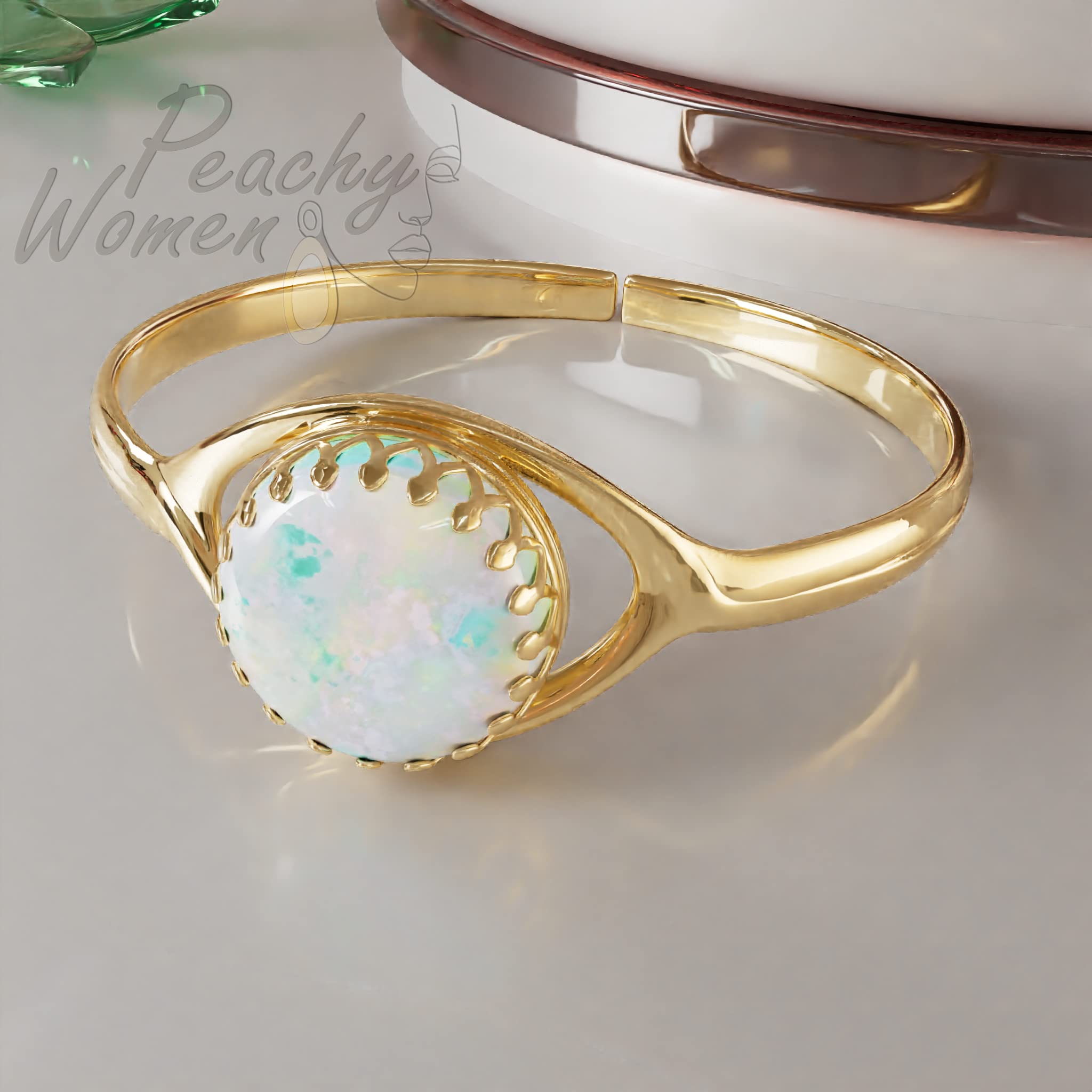 14k Gold Filled Ring Band For Women | Created White Opal 8mm Adjustable One Size Ring Jewelry With Gift Box | Handmade Rings