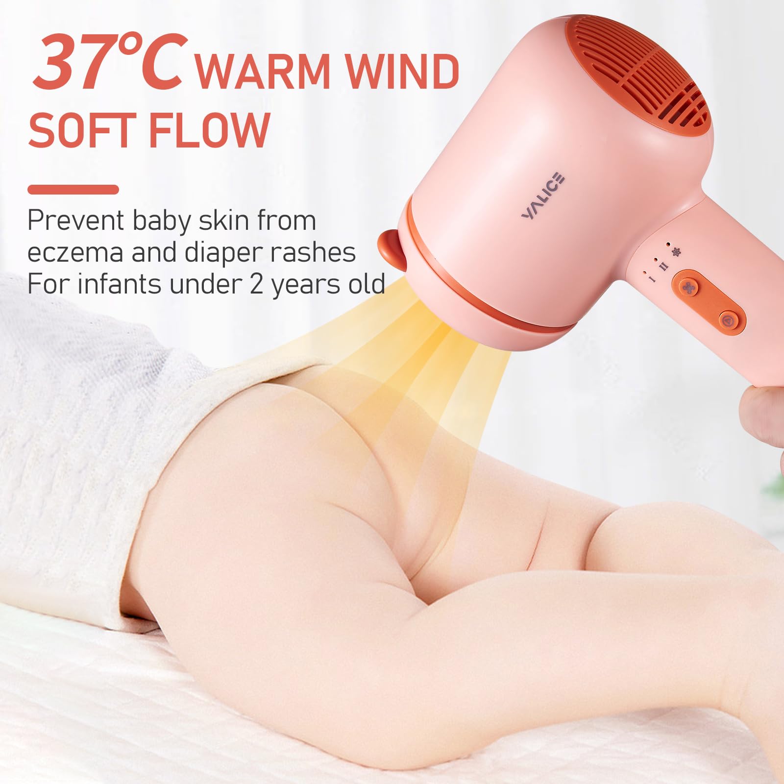 Cordless Kids Hair Dryer for Infant, Low Heat Gentle Air Small Rechargeable Hair Blow Dryer for Baby Butt Skin with 3 Speed Settings, 0-3 Years Using (Orange)