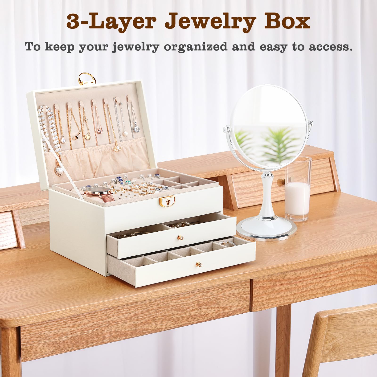 LETURE Premium Jewelry Box with Drawers, 3-Layer Lockable Large Jewelry Organizer for Women Girl Gift, Jewelry Storage Holder Case for Earring, Necklace, Ring, Bracelet, Hair Accessories (White)