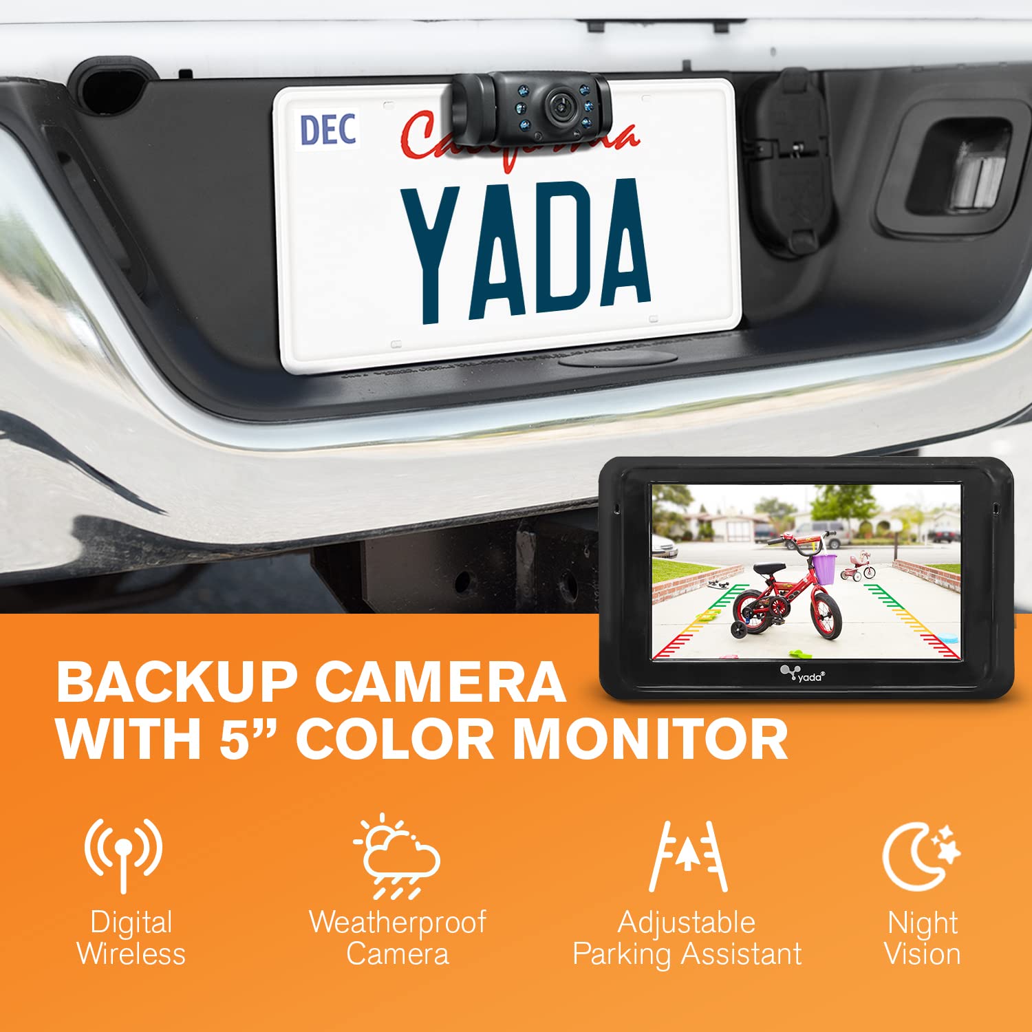 YADA | Vehicle Backup Camera System, 5” Dash Cam, Rear View Car Monitor, Digital Wireless, Night Vision, Waterproof, Split View, Universal Compatibility for Cars, Trucks, RVs