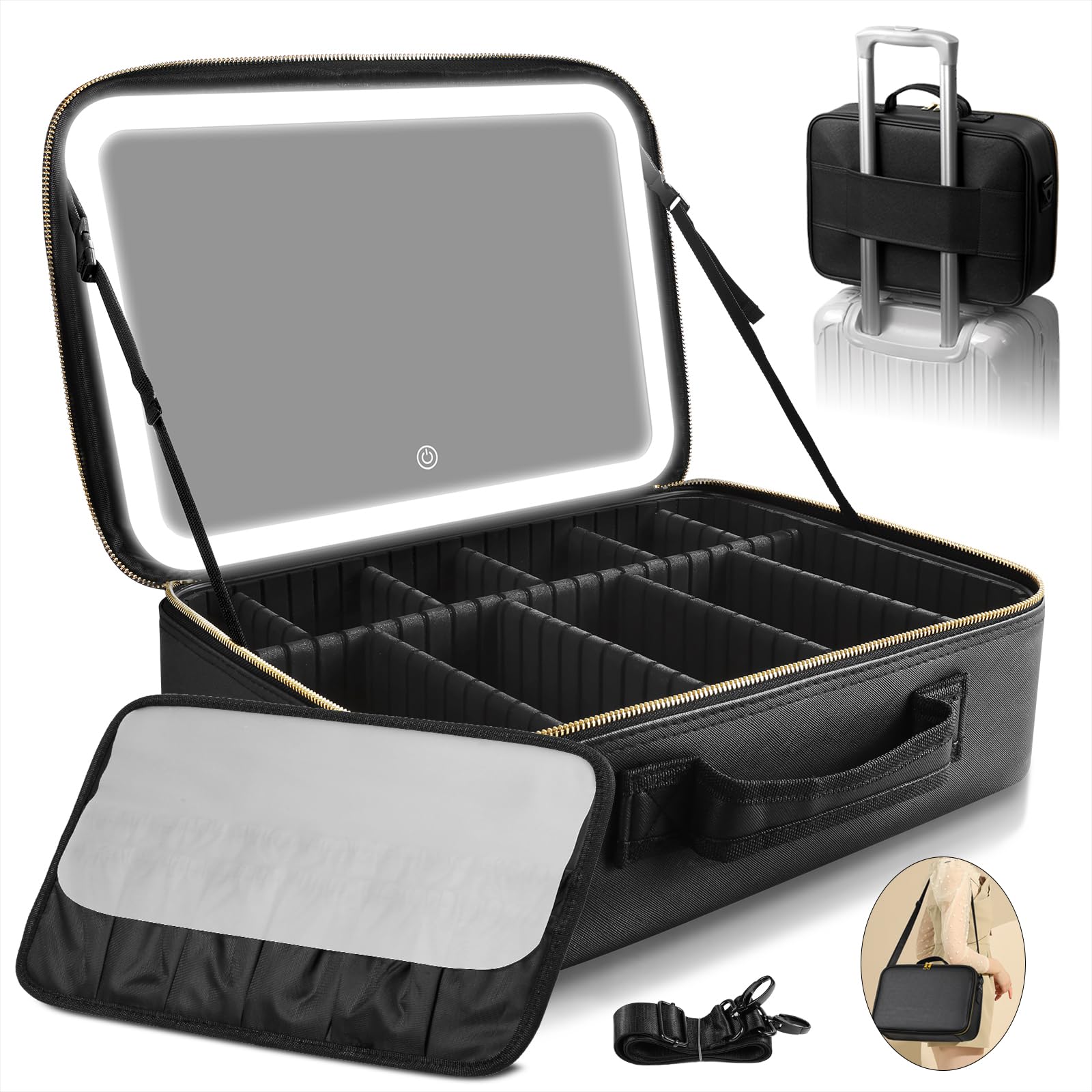 Upgraded Large Travel Makeup Bag with LED Mirror, 15” Professional Makeup Case with 3 Color Modes Dimming Lighted Mirror, Light up Cosmetic Make up Organizer with PU Leather Cover, Adjustable Dividers