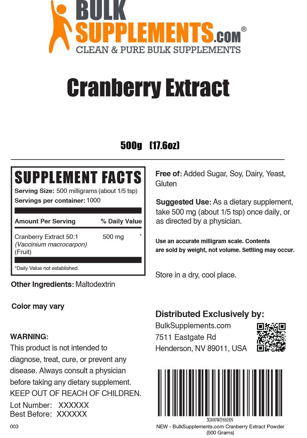 BulkSupplements.com Cranberry Extract Powder - Cranberry Supplements for Women & Men, Cranberry Extract 500mg - Vegan & Gluten Free, 500mg per Serving, 500g (1.1 lbs) (Pack of 1)