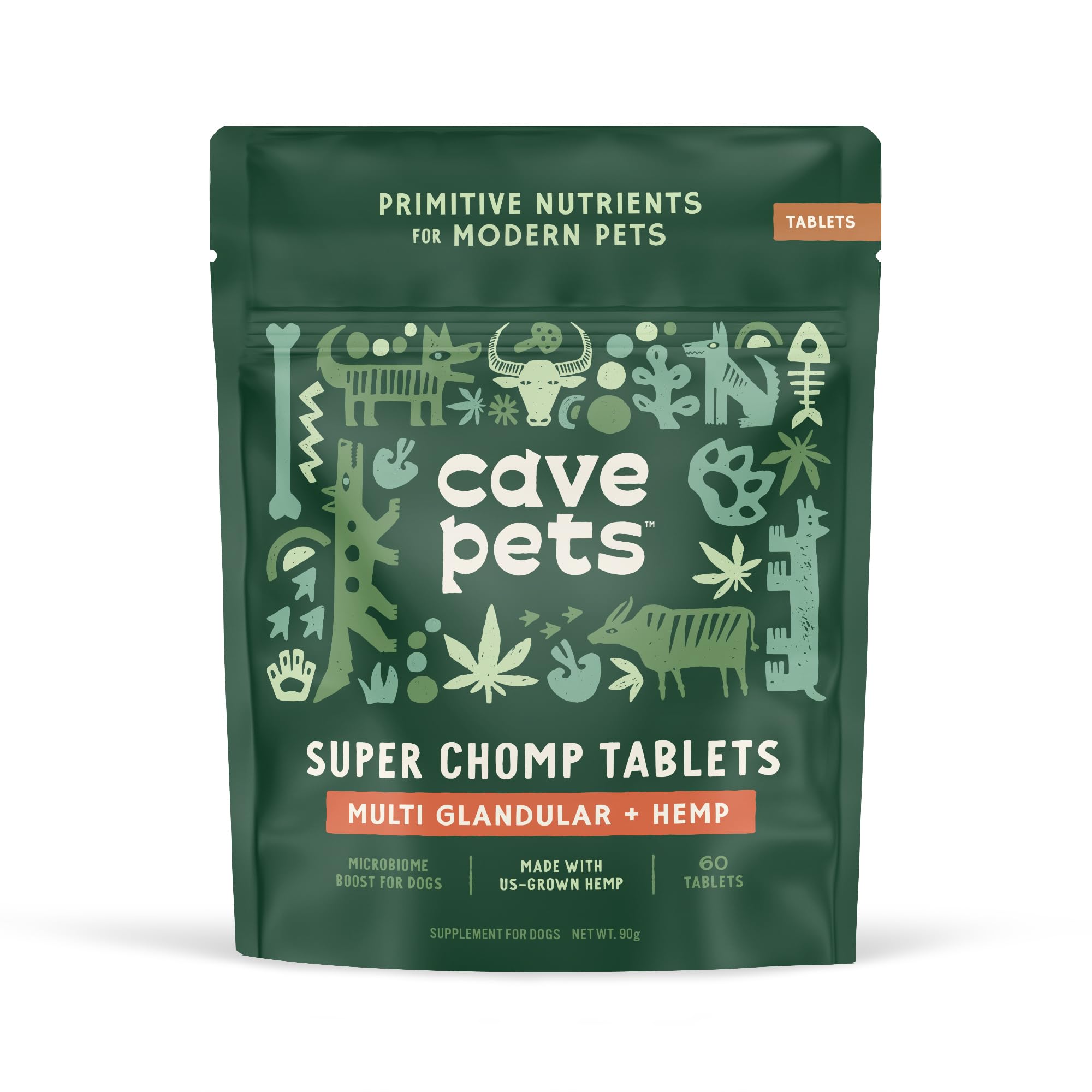 Cave Pets, Super Chomp Tablets, Dog Probiotic Supplement for Digestive Health and Natural Relaxation, Multi-Glandular & Hemp, Liver, Multi Glandular + Hemp