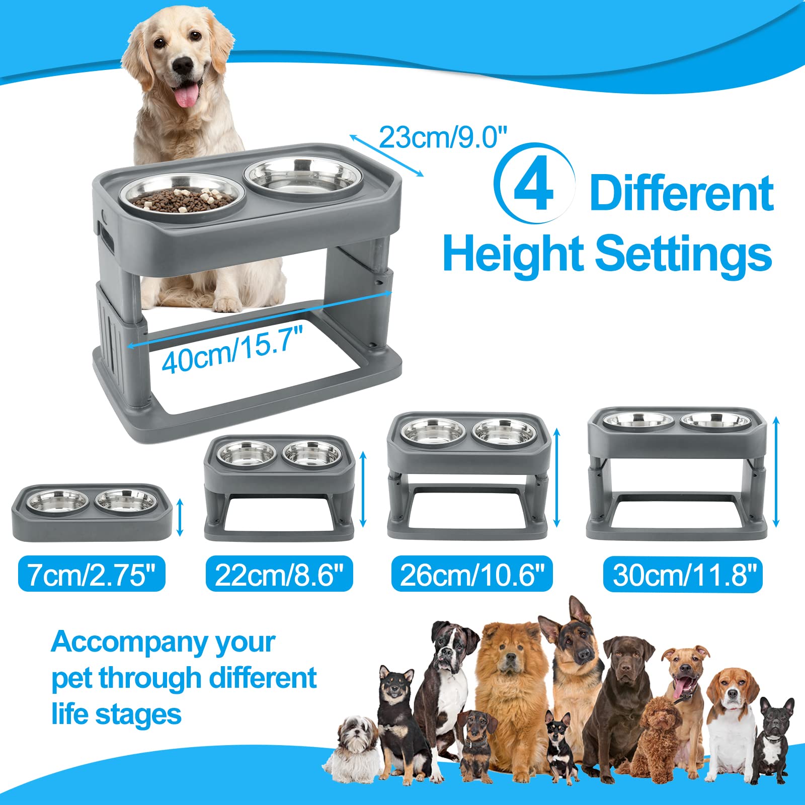 Hengu Elevated Dog Bowls,Adjustable Raised Dog Bowl Stand Adjusts to 4 Heights (2.8", 8.6", 10.6",11.8") for Small Medium and Large Dogs,with 2 Stainless Steel Dog Food Bowls