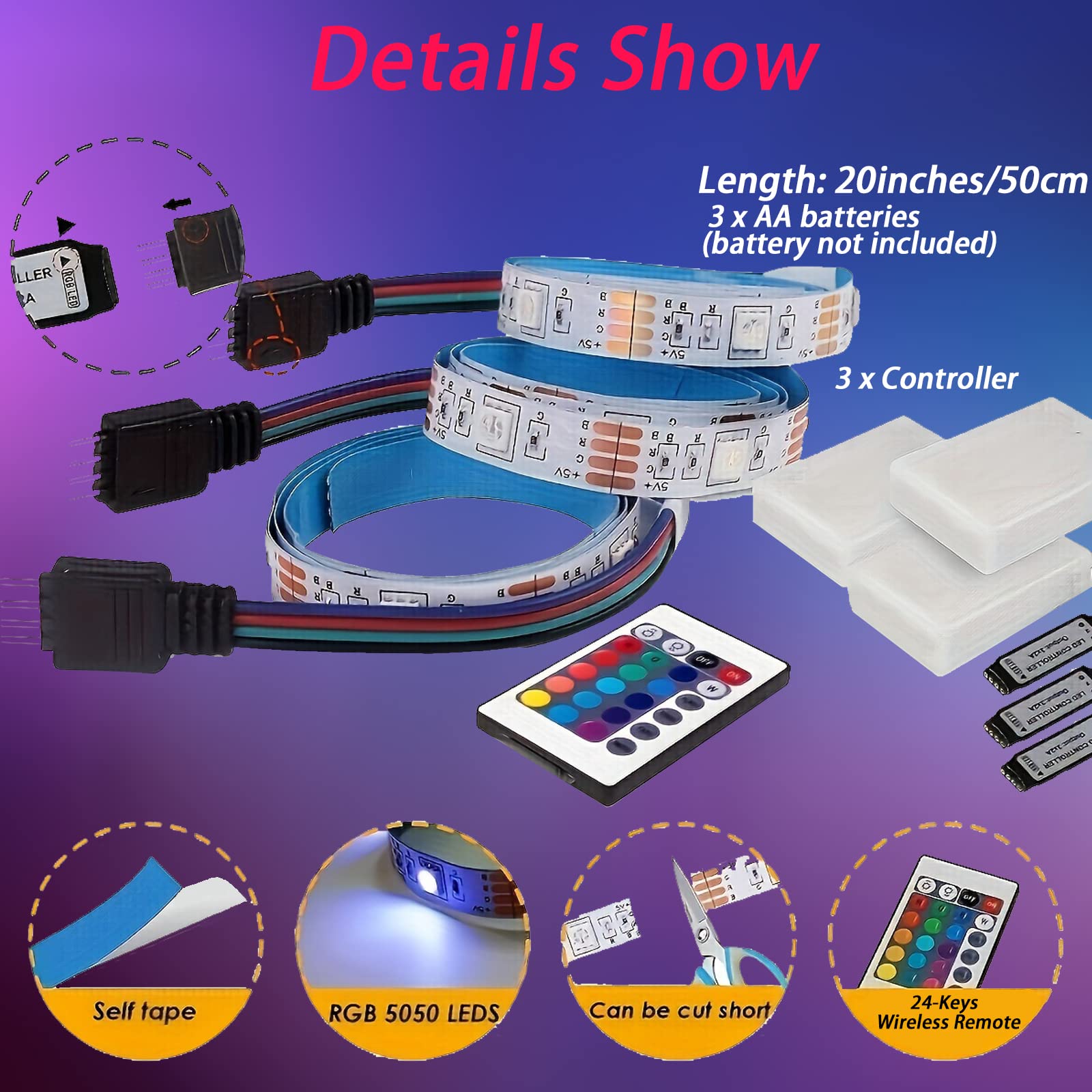 Battery Powered LED Strip Lights, Wireless RGB LED Strip Lights with 24 Keys Remote Control, 20 inch x 3 Pack for Kitchen Under Cabinet Lighting, Shelves, Under Counter, Closet, Cordless Click Light