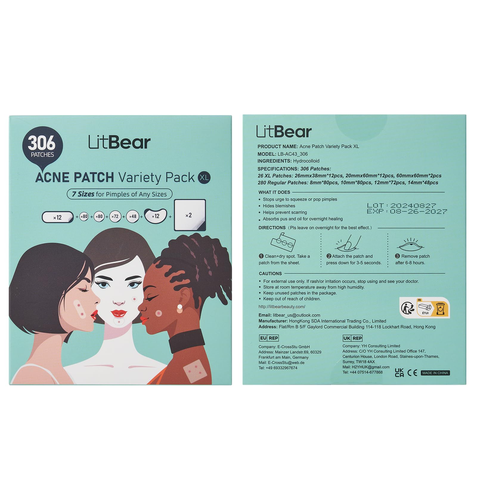 LitBear Large Pimple Patches (7 Sizes 306 Patches), Big Acne Patches, XL Hydrocolloid Bandages for Full Face, Forehead, Chin, Nose, Body, Back, Neck & Chest, Oval, Moon, Square hydrocolloid Patch