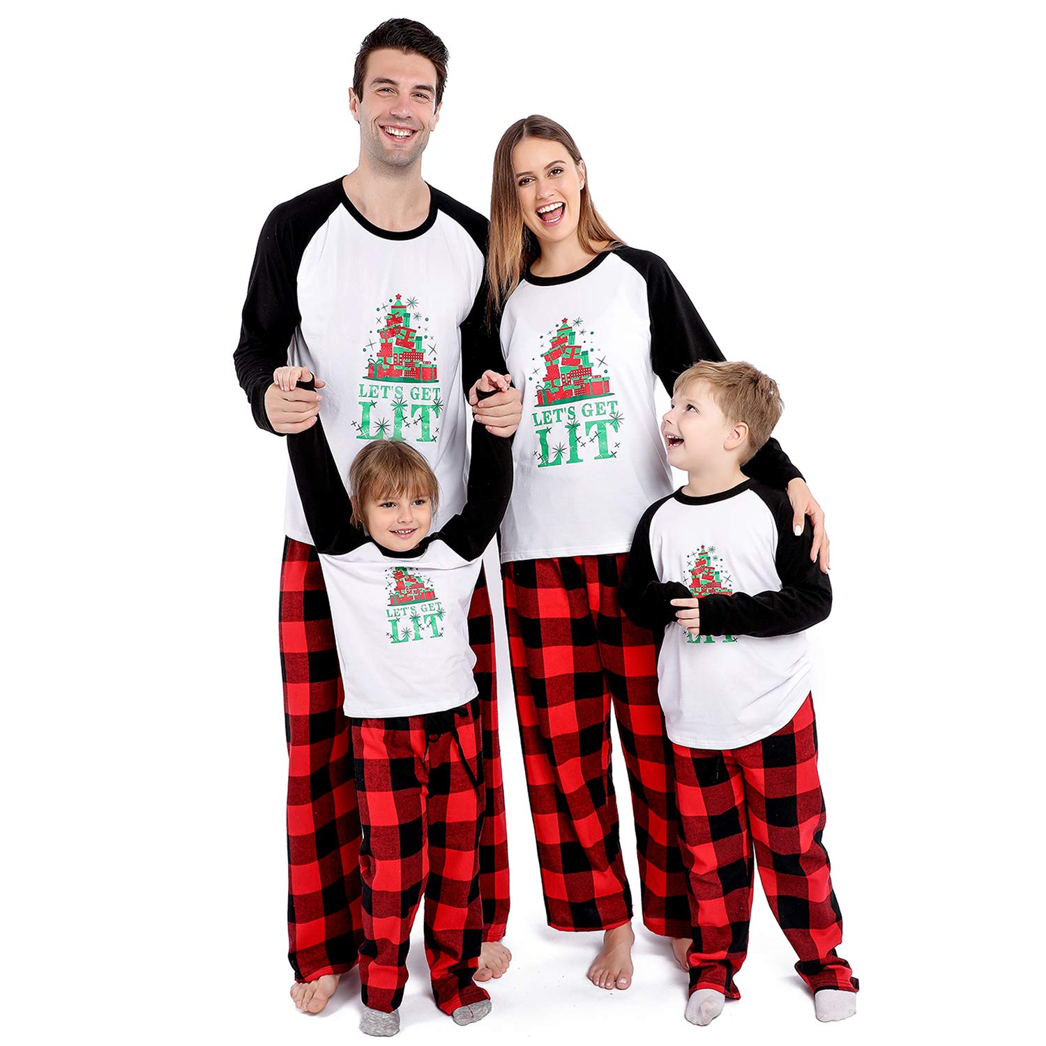 Matching Christmas Pajamas Set for Family , Let's Get Lit Printed Pjs for Women Men, Holiday Cute Funny Letter Print Top and Plaid Pants Xmas Sleepwear Set for Couples (Youth, 4-5T, White LIT)