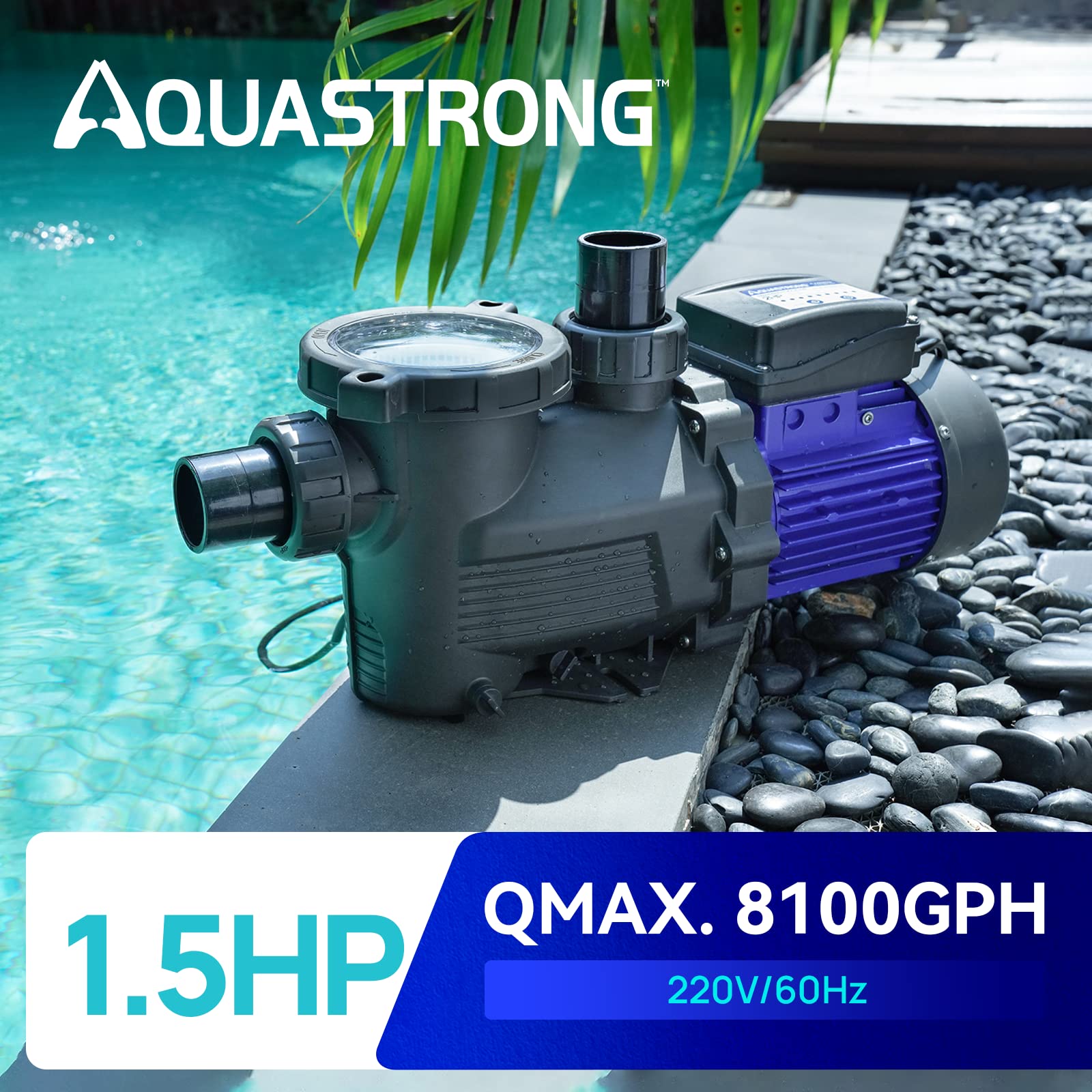 AQUASTRONG In/Above Ground Pool Pump, 1.5 HP with Timer, 220V, 8100GPH, High Flow, Powerful Self Primming Swimming Pool Pumps with Filter Basket