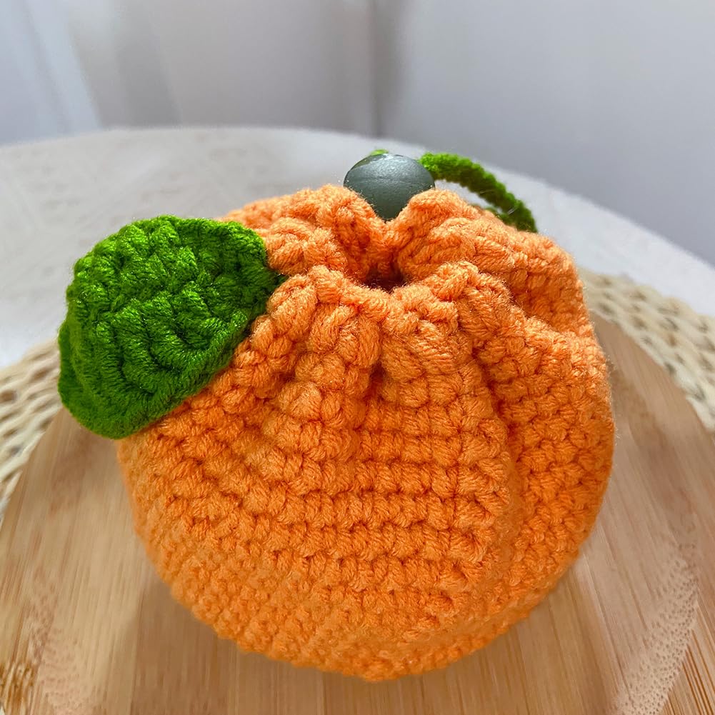 Cute Tangerine Shaped Small Storage Bag, Crochet Drawstring Bags, Mini Handwoven Cotton Handbag, Coin Purse Pouch, Orange Knitting Change Wallet, Earbuds Protective Case, Handmade Gift for Women Girls