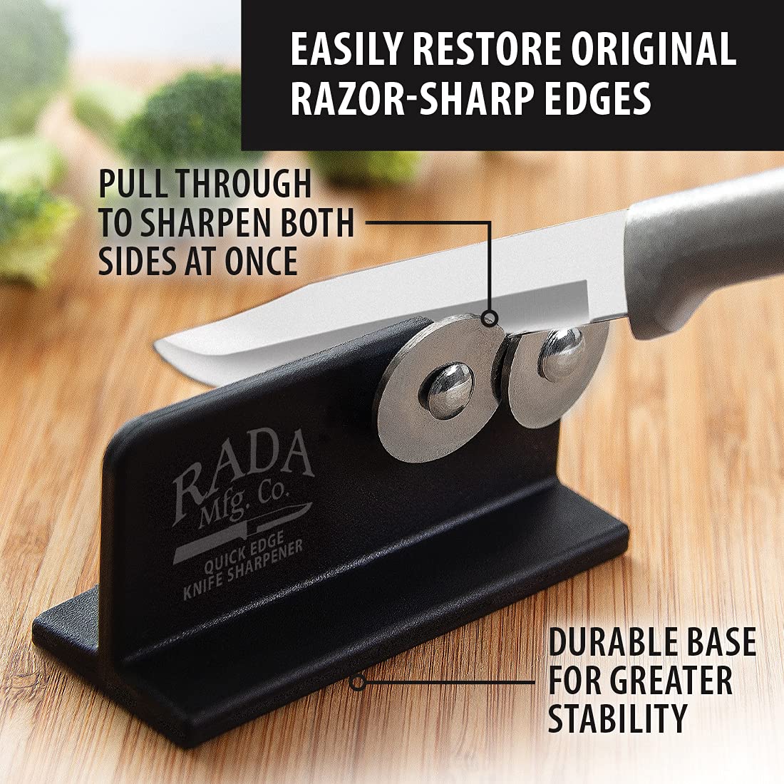 Rada Cutlery Quick Edge Knife Sharpener – Stainless Steel Wheels Made in the USA, 2 Pack