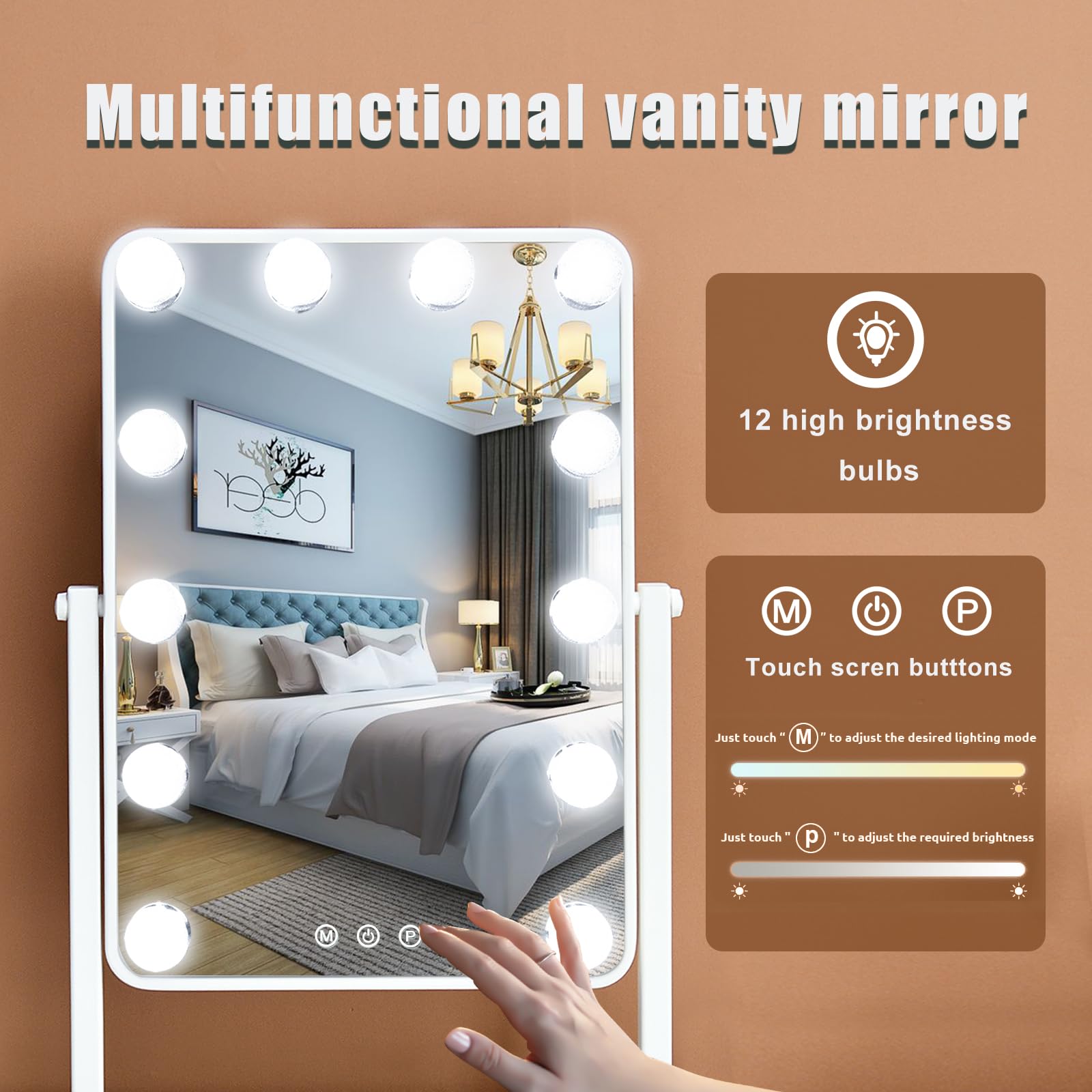 Leadzones Makeup Vanity Mirror with Lights,17.5"×13.7" Tabletop Led Hollywood Mirror with 12 Dimmable Bulbs,Smart Touch Control 3 Colors Light 10X Magnification 360°Rotation