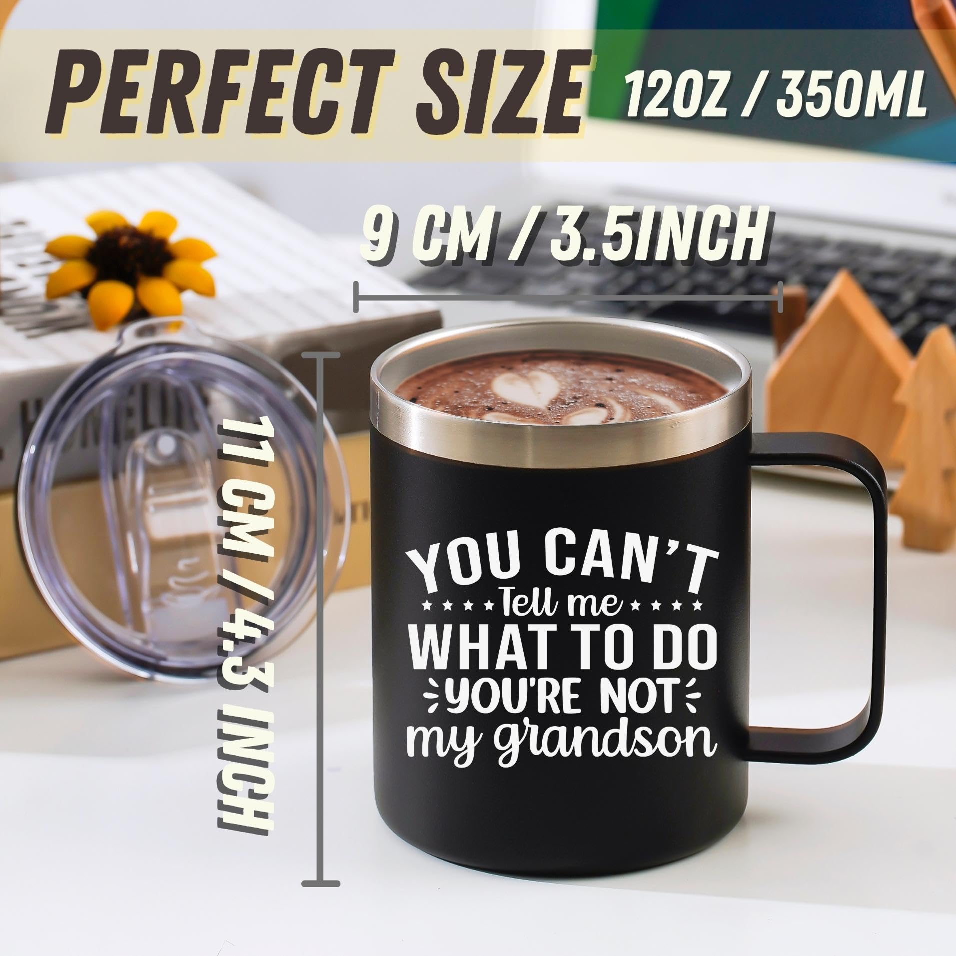 Onebttl Grandpa Gifts from Grandson, Coffee Mug for Christmas Father's Day Birthday, 12oz Stainless Steel Coffee Mug with Handle and Lid