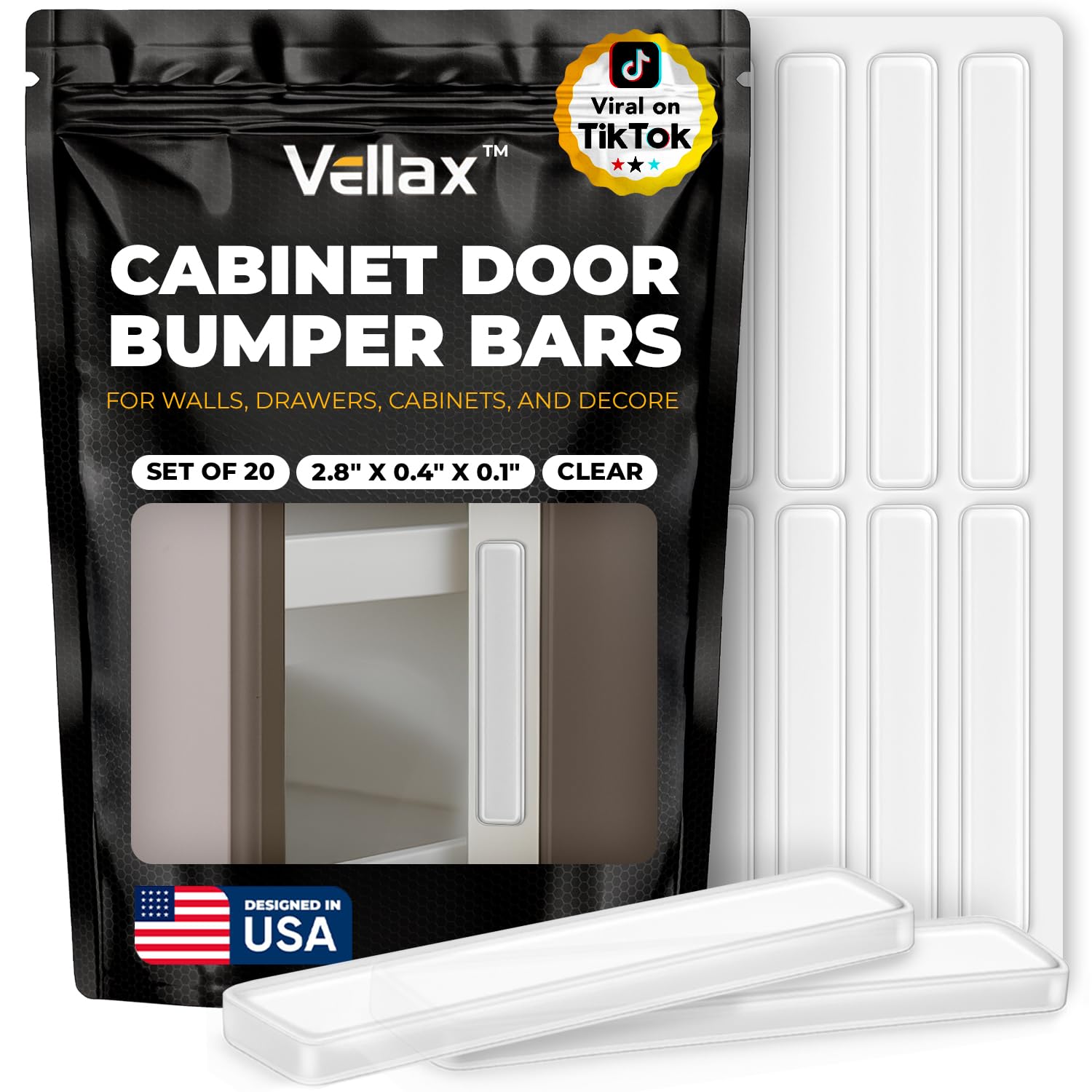 20 Clear Silicone Bumper Strips – 2.8" x 0.4" Anti-Slip Pads for Cabinets, Glass Table Tops, and Chairs – Wall Protector & Soft-Close Noise Dampening Pads by Vellax