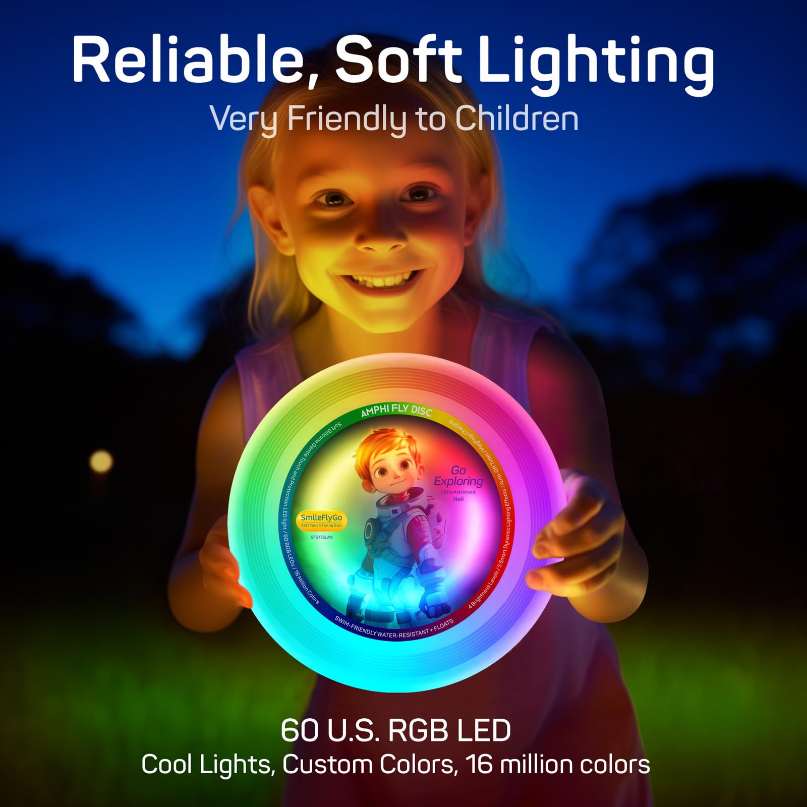 LED Flying Disc for Kids - 16 Million Colors RGB 60 LEDs Bright, Rechargeable & Waterproof, Floats for Night/Water Play, Silicone Soft Touch, Fun Christmas, Birthday, Camping Gift for Boys/Girls/Teens