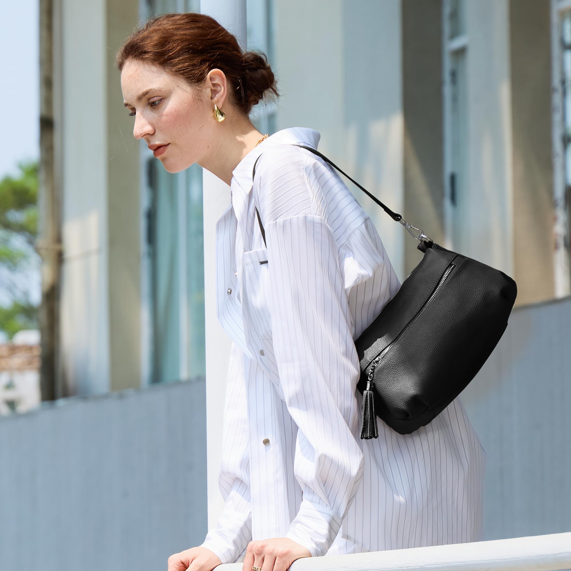 befen Black Genuine Leather Small Crossbody Hobo Purses for Women, Ladies Shoulder Bags Handbags with 2 Shoulder Straps