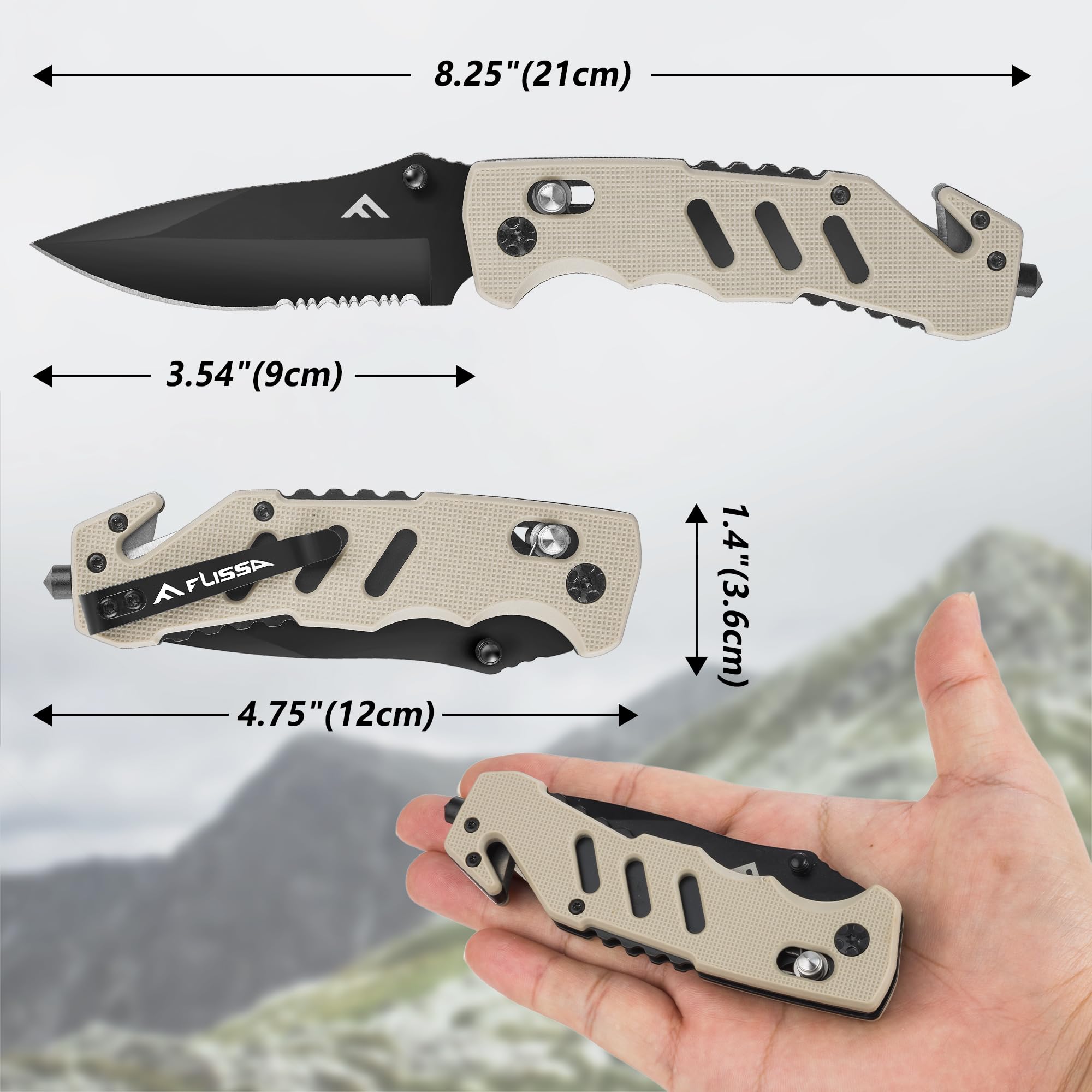 FLISSA Folding Pocket Knife with Clip, Glass Breaker and Seatbelt Cutter, Survival Knife for Emergency Rescue Situations, EDC Knife for Tactical, Hunting, Camping, Outdoor, Unique Gifts for Dad, Father