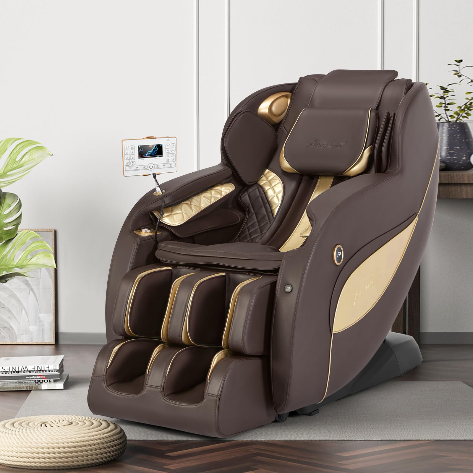 Artist hand Massage Chair Full Body, SL Track Zero Gravity Massage Chair Recliner with 12 Modes, Bluetooth, Body Scan, Foot Roller & Airbags Massage, AI Voice Control (Brown)