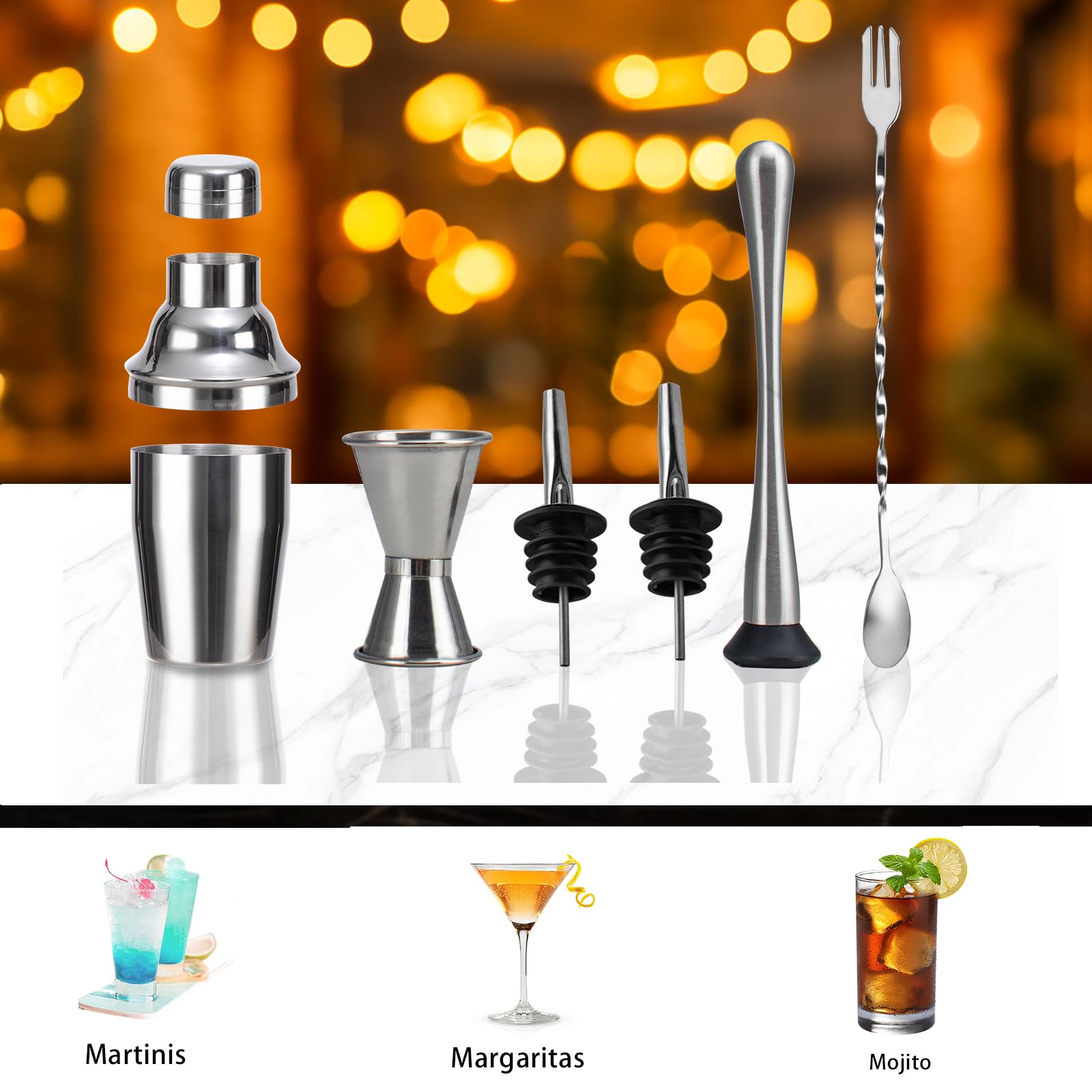 WELKOR 6 Piece 8oz Professional Cocktail Shaker Set with Built-in Strainer,Martini and Margarita Shaker for Home Bar, Boston Bartending Kit Gift for Beginners (250ml/8oz)