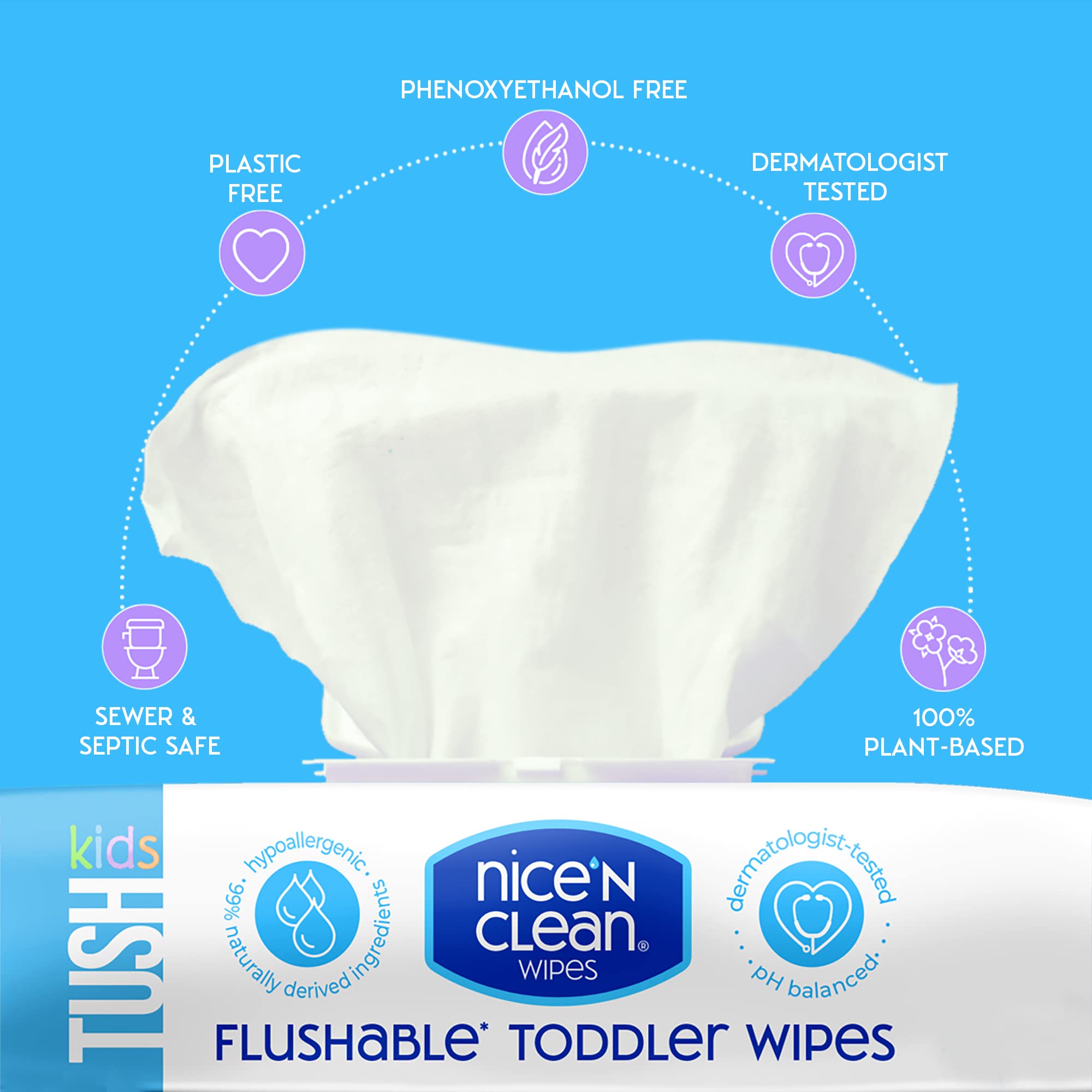 Nice 'N CLEAN Flushable Toddler Wipes 42ct (6-Pack) | 100% Plant-Based, Unscented Wet Wipes for Sensitive Skin | Potty Training Essentials | Flushable Baby Wipes for All Ages
