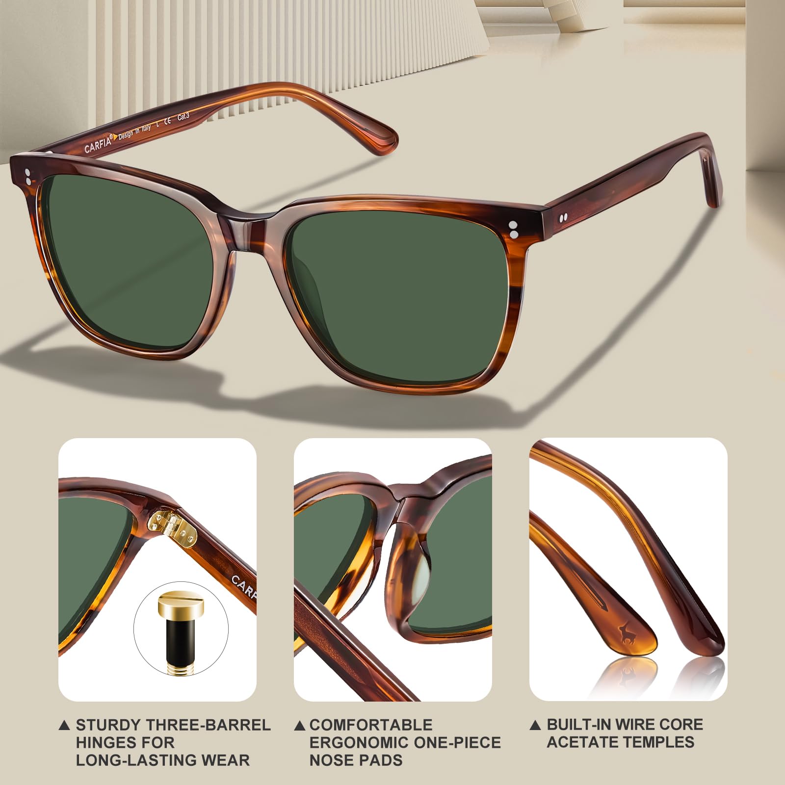 CARFIA Retro Acetate Polarized Sunglasses for Men UV400 Protection Driving Outdoor Anti-Glare Sun Glasses