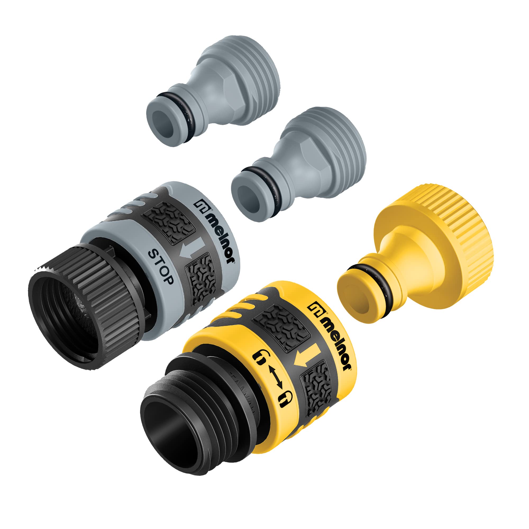 Melnor 65134AMZ 5 Piece Quick Connect Starter Set Connector Bundle, Product and Faucet Adapter, Product End and Faucet End Connector, Black, Yellow, Grey